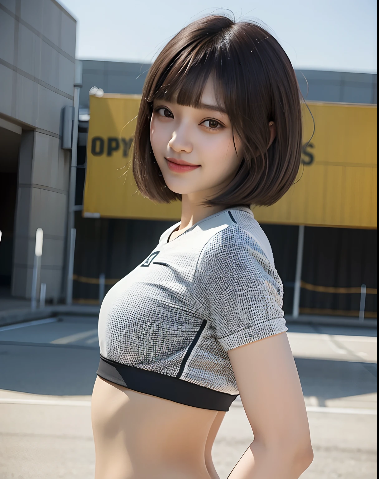 zydG, 1girl, More skin, Look at viewers, brown-eyed, (Shorthair with bangs:1.2), cparted lips, tusk, a smile,
(Photorealsitic:1.4), (Top image quality:1.0), (超A high resolution:1.0), 8K, RAW Photography, (​masterpiece:0.2), (sports wear:1.5), from side, portlate,
(pureerosface_v1:0.5)