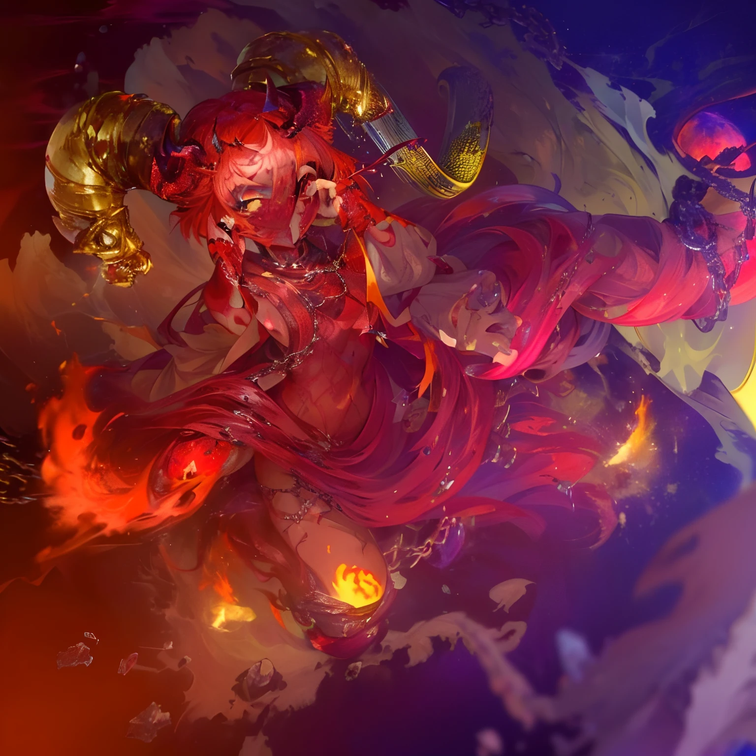 Devil Beautiful Girl。twisted horns on the head。fullbody image。The appearance of the boy。Bright pigmented hair。eyes glowing red。Ruthless smile。Two-handed chain。Reveal clothing。Tattoos like letters on the body。A black hole in the sky。