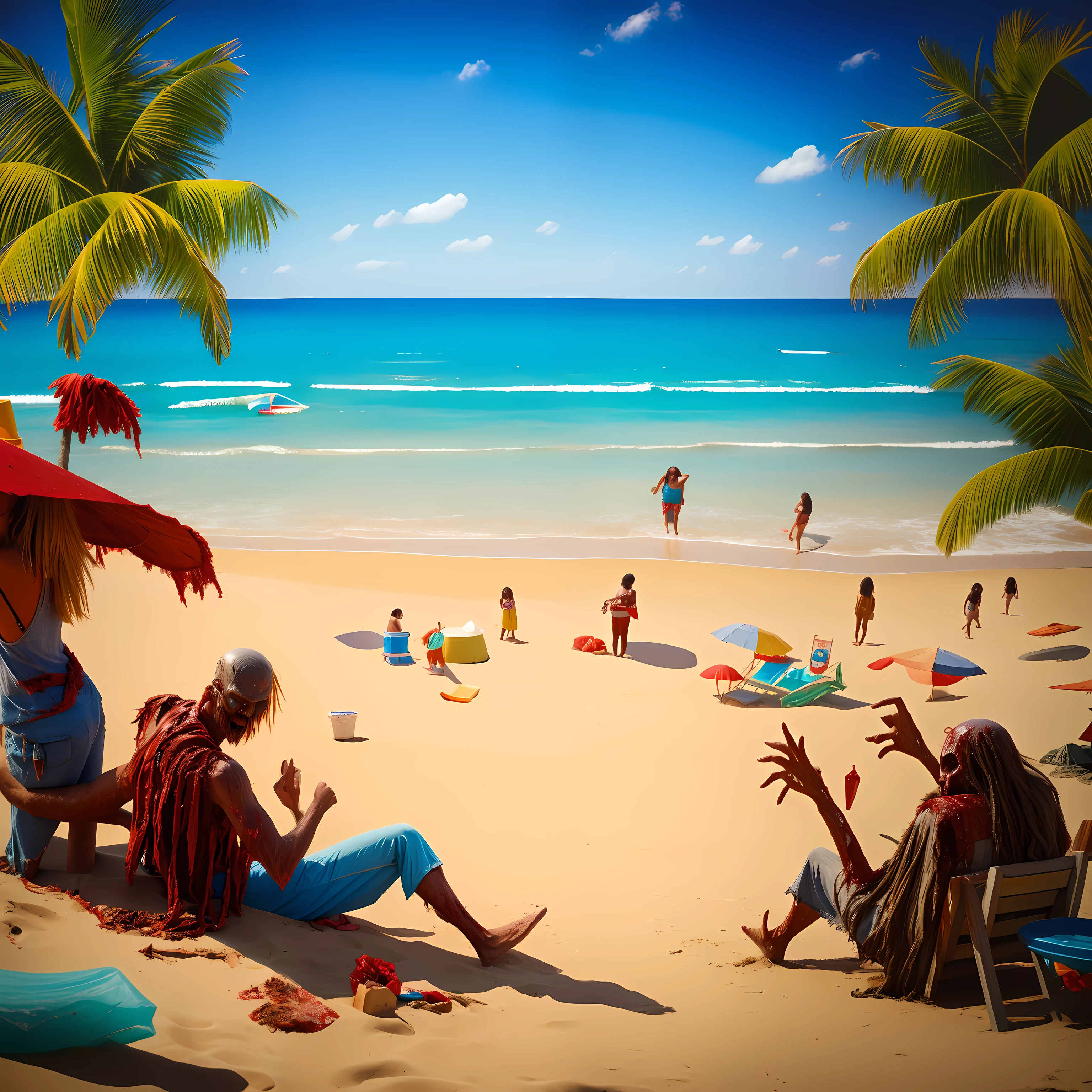 "Scene of joyful beach with a zombie enjoying the day"