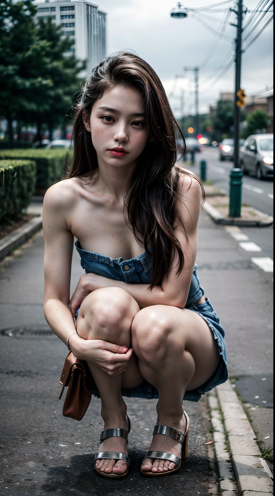 (1girl), russian, solo, long_hair, wearing(denim-strapless-shirt, white-miniskirt), photo(medium-shot), portrait, squatting, pov, blurry_background, background(night, urban, footpath), (photorealistic, absurdres, best_quality:1.55),