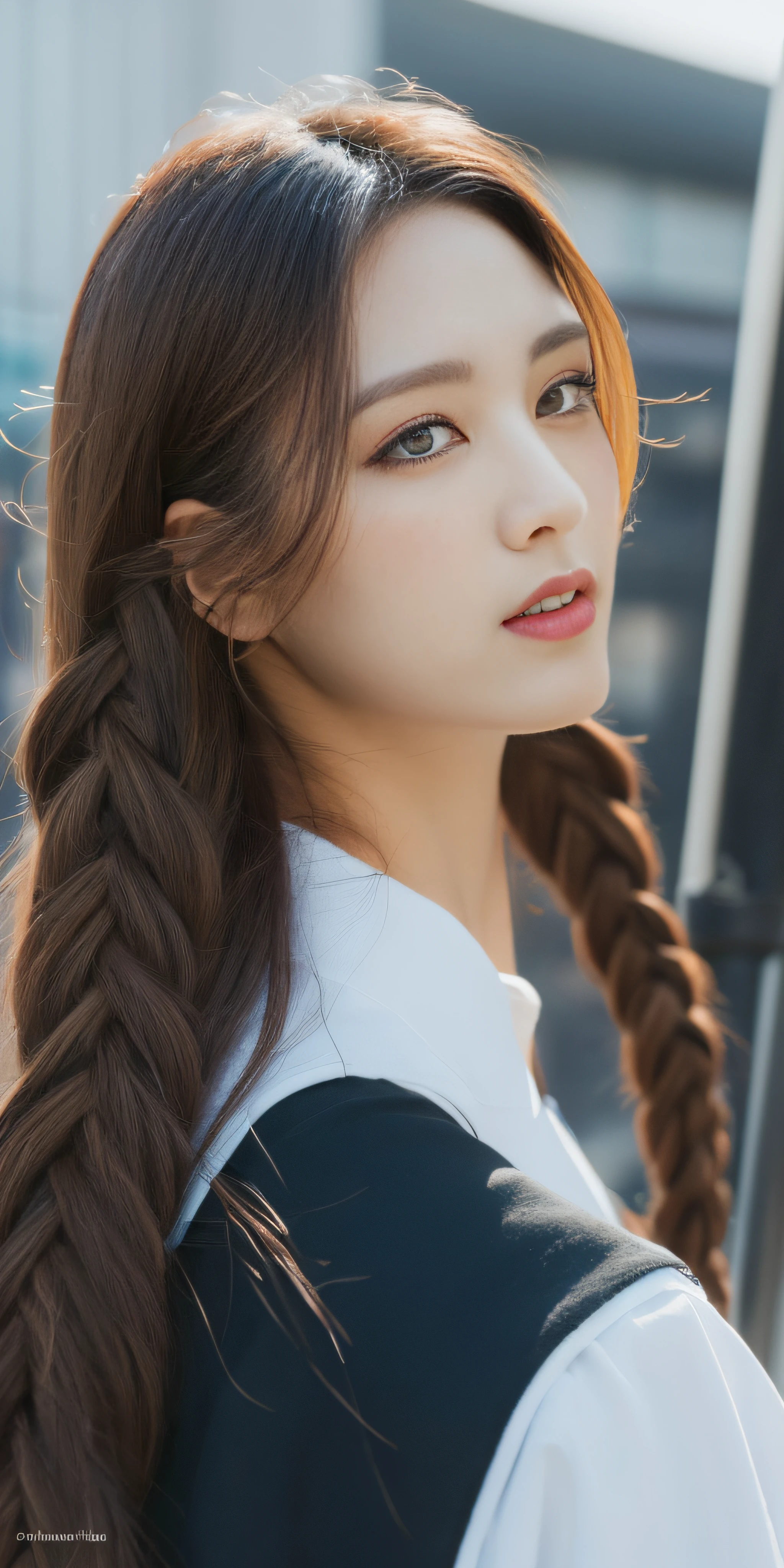 ((Top Quality, 8k, Masterpiece: 1.3)), Sharp Focus: 1.2, Beautiful Women in Perfect Style: 1.4, Slender Abs: 1.2, Braids, ((Dark Brown Hair, Big: 1.2)), (Natural Light, City Street: 1.1), Highly Detailed Face and Skin Texture, Detailed Eyes, Double Eyelids