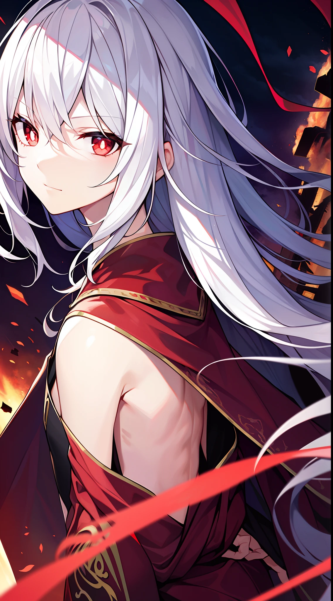 (Beautiful wallpapers) ,(evil theme),long white hair,red pupils,Loose black robe,dominate,Handsome,Flat chest,Lateral face,Close up,Red Storm,(A world shrouded in darkness),(Village background),Debris of the Earth was dragged into the sky,
