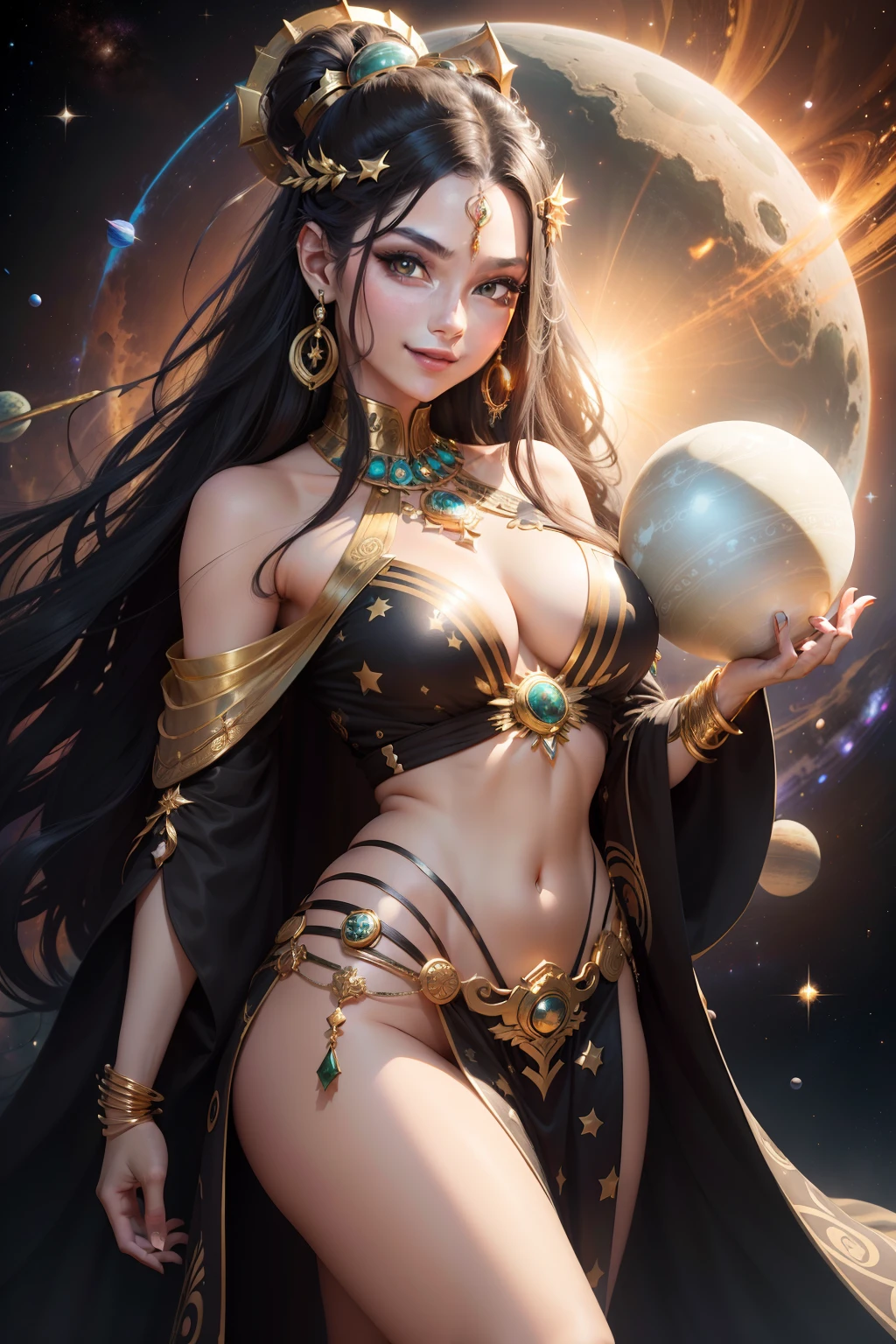 girl with long hair like the Milky Way, hair developing to the sides, evil smile, wearing a Greek goddess style garment in black space print, gold jewelry on the shoulder and earrings with jade, background black, waist view, holding a solar system/planet/star in the palm of her hands in front of her
