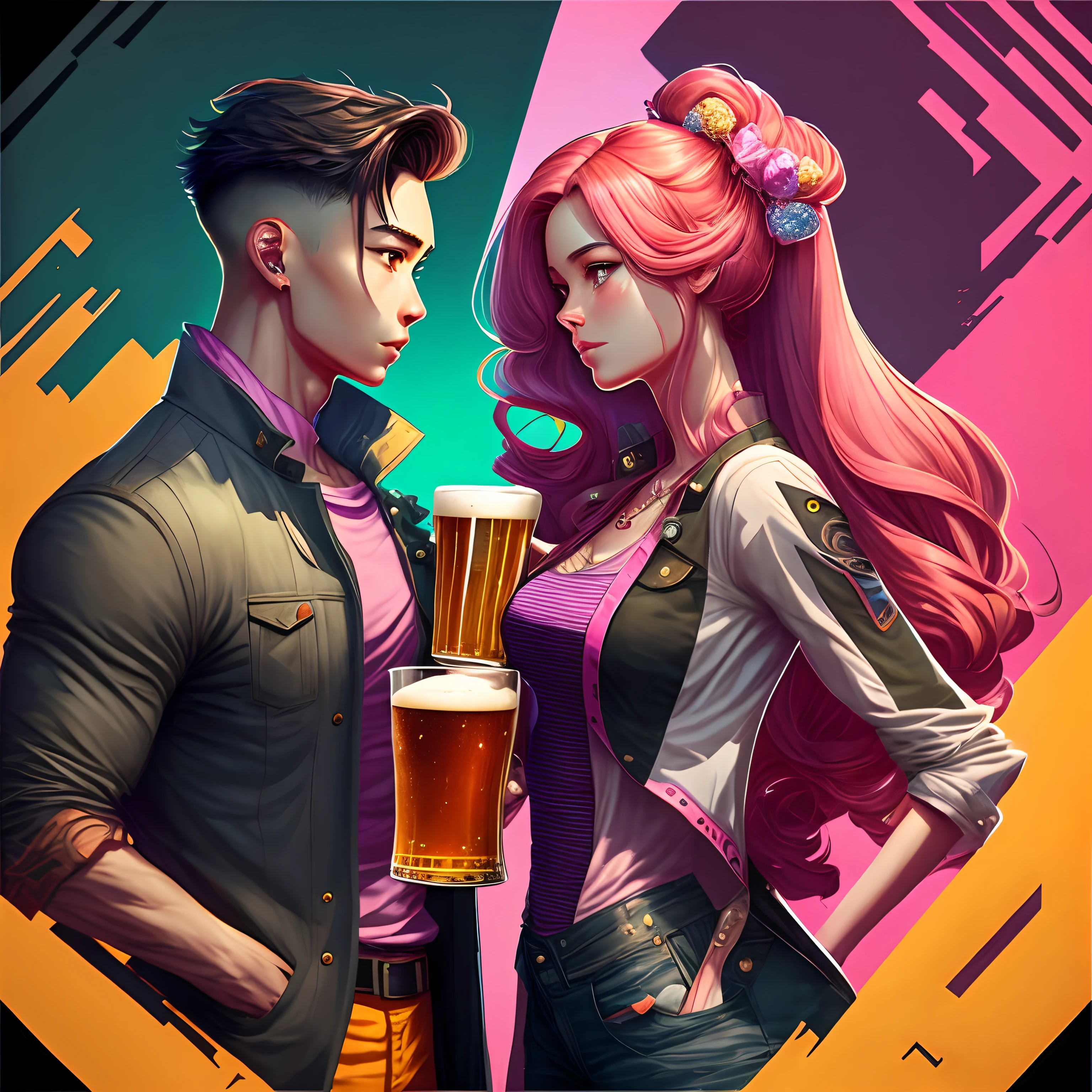 [ Amazing | astounding | delicated ] 
Full body portrait of a young and beautiful stylish asian man and woman
Couple in pink drinking beer，Barbie powder，summertime，Men and women look at each other
In the middle of the composition
，[ Colorful | A vibrant ] HDR masterpiece （Awesome （ CCDDA art style） ） Tone mapping with ACES
，（ [ clear and readable | Neatness ] tangent ） full of negative space
，Delicate symmetry（well-proportionate anatomy）
，delicated（solid drawing）Volume enhanced with detailed shadows and highlights（ssee-through（Depth-of-fie））
