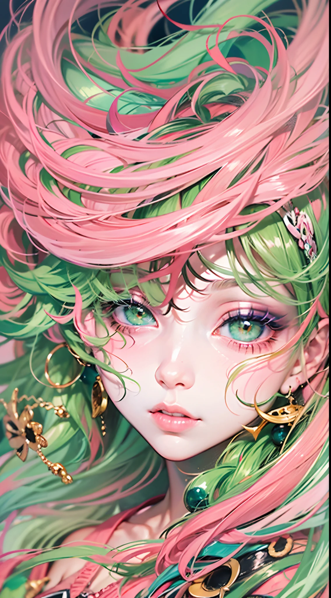 offcial art，统一 8k 壁纸，ultra - detailed，Beauty and aesthetics，tmasterpiece，best qualtiy，（zentangle，datura，Tangles，entangled），（s fractal art：1.3），1girll，Pink hair，Green eyes，The is very detailed，dynamic angle，cow boy shot，The most beautiful form of chaos，elegant，Fauvist design，vivd colour，romanticism lain，James Jean，Robbie Devi Antono，ross tran，Francis Bacon，Michal Mraz，adrian ghenie，petra cortright，Gerhard Richter，Takato Yamamoto，Ashley Wood，Atmospheric，A note of ecstasy，streaming musical notes visible