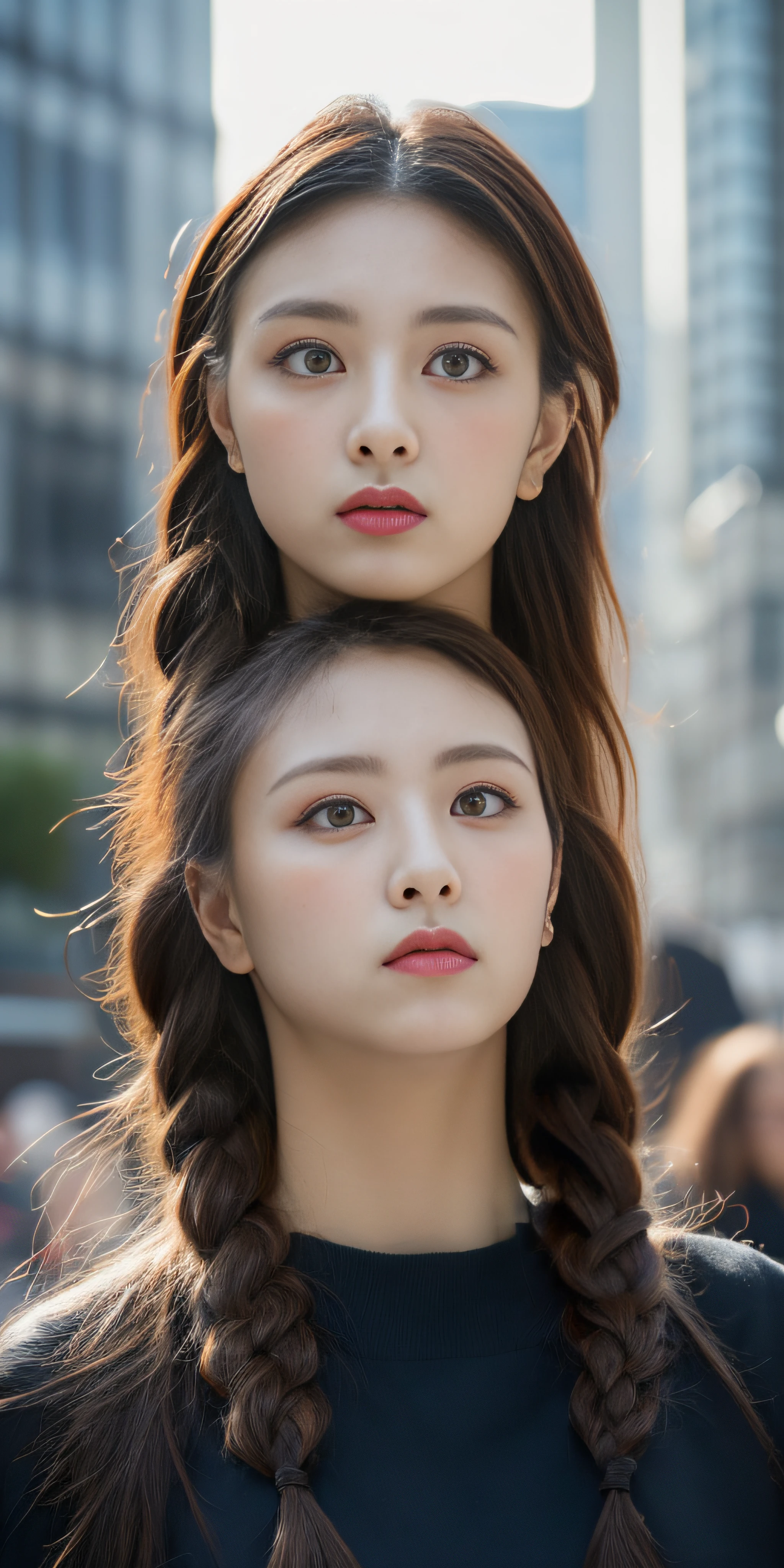 ((Top Quality, 8k, Masterpiece: 1.3)), Sharp Focus: 1.2, Beautiful Women in Perfect Style: 1.4, Slender Abs: 1.2, Braids, ((Dark Brown Hair, Big: 1.2)), (Natural Light, City Street: 1.1), Highly Detailed Face and Skin Texture, Detailed Eyes, Double Eyelids