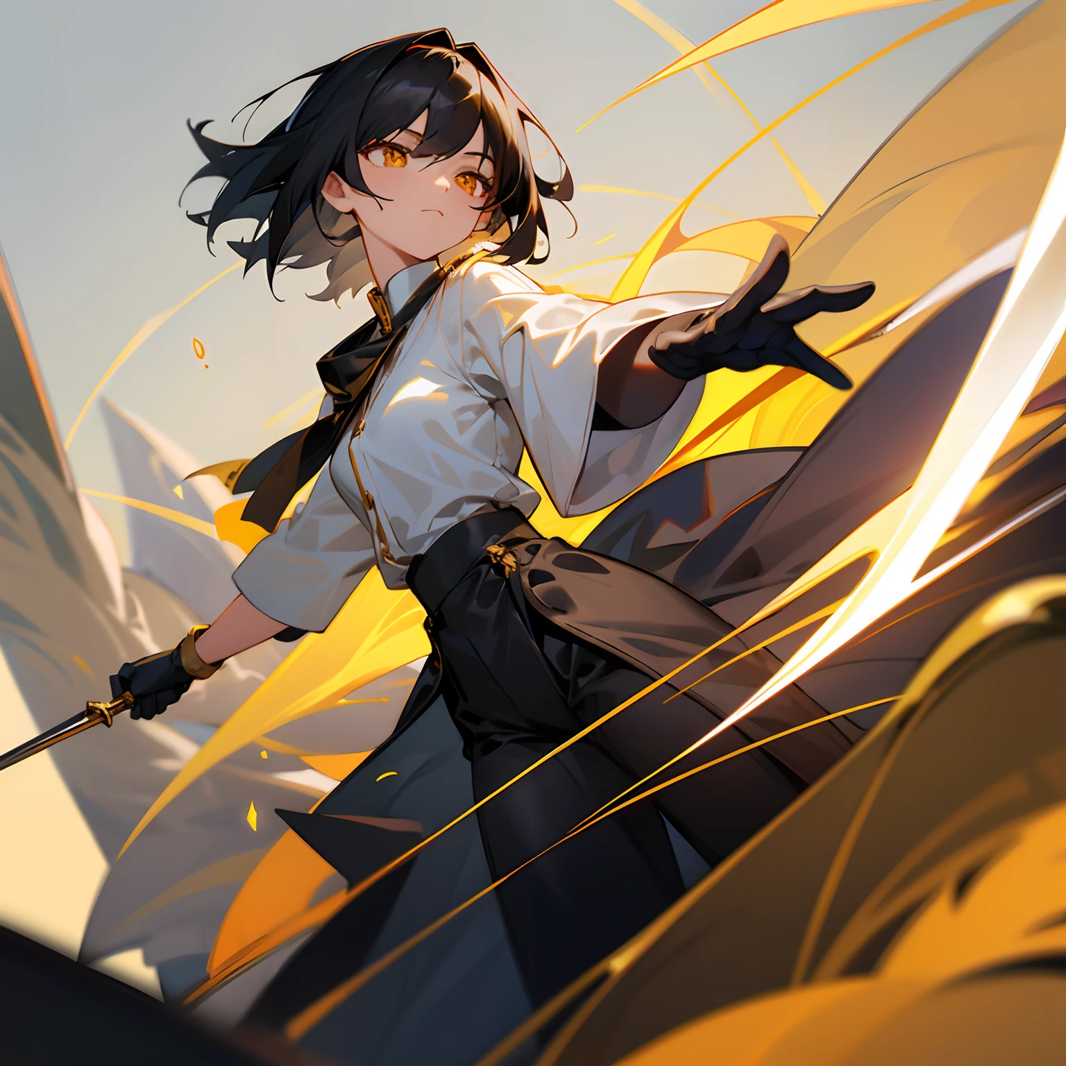 White shirt，black long pants，Kizi，Dark gray hair，Golden eyes，Battle golden light，Black long knife，black glove，dyna，Faraway view，Overlooking，long leges，full bodyesbian，short detailed hair，middle parted bangs，Show forehead，Low coiled hair，dark circles