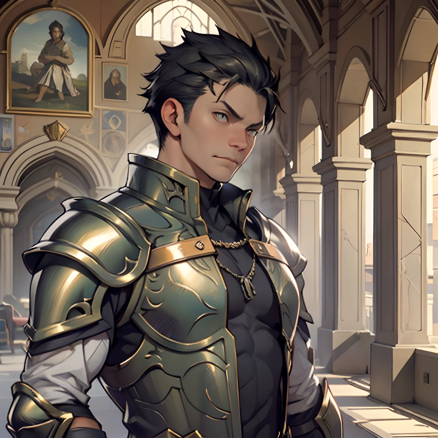 Portrait of a man, 1boy, Solo, Stand quietly, Heroes, A hero never seen before, jawline, Male, Epic, Handsome, prince, warrior, Silver armor, hyperdetailed 3d matte painting, cinemascope panoramic, awe inspiring, landscape, Natural skin texture, Sharp focus, ((Cinematic look)), insanely details, Intricate details, greg rutkovsky、Works of art by Caravaggio and Alphonse Mucha, analogue style, Castle, inside castle, Calm environment,