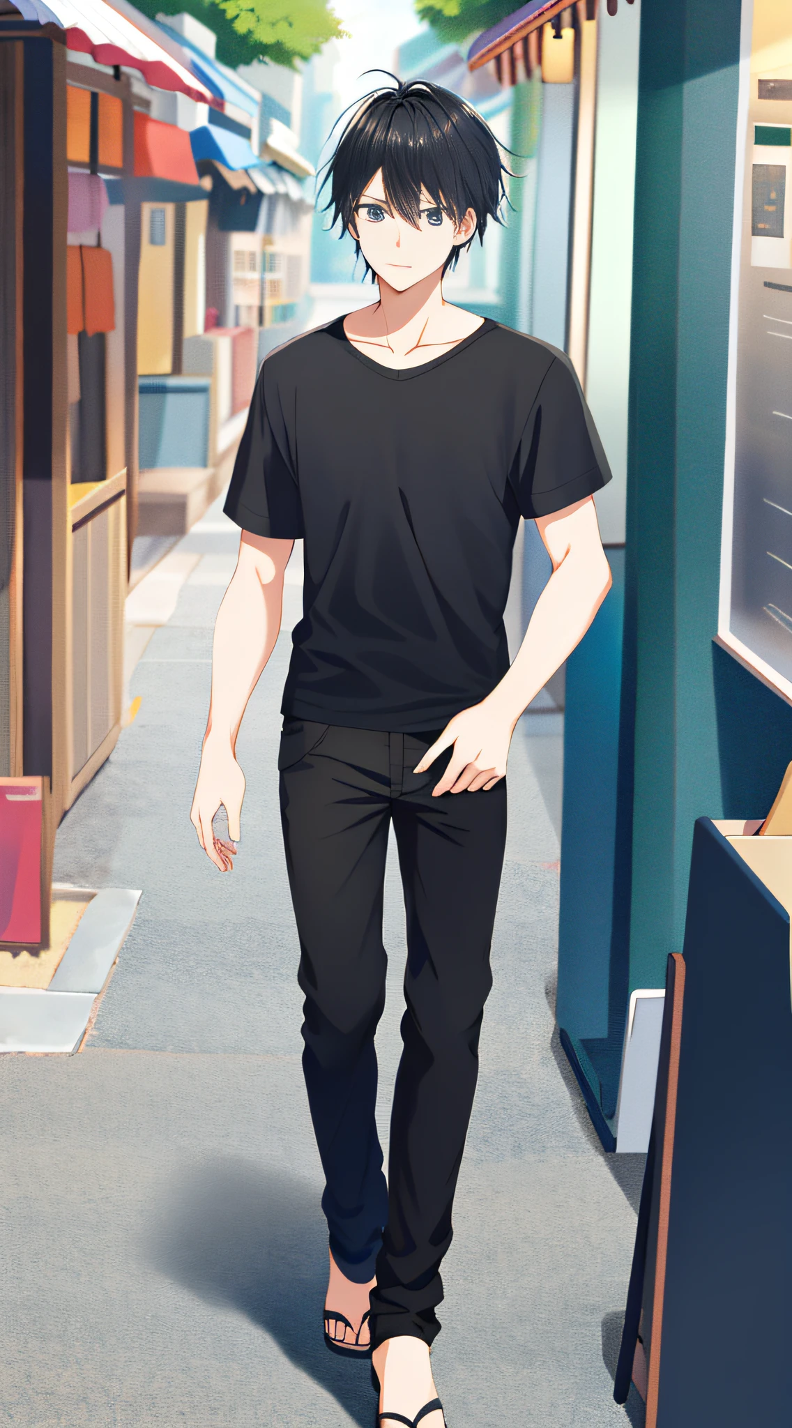A man wears(Black T-shirt and black trousers)In the pedestrian street(Stalls)One in hand(Cartoon panties