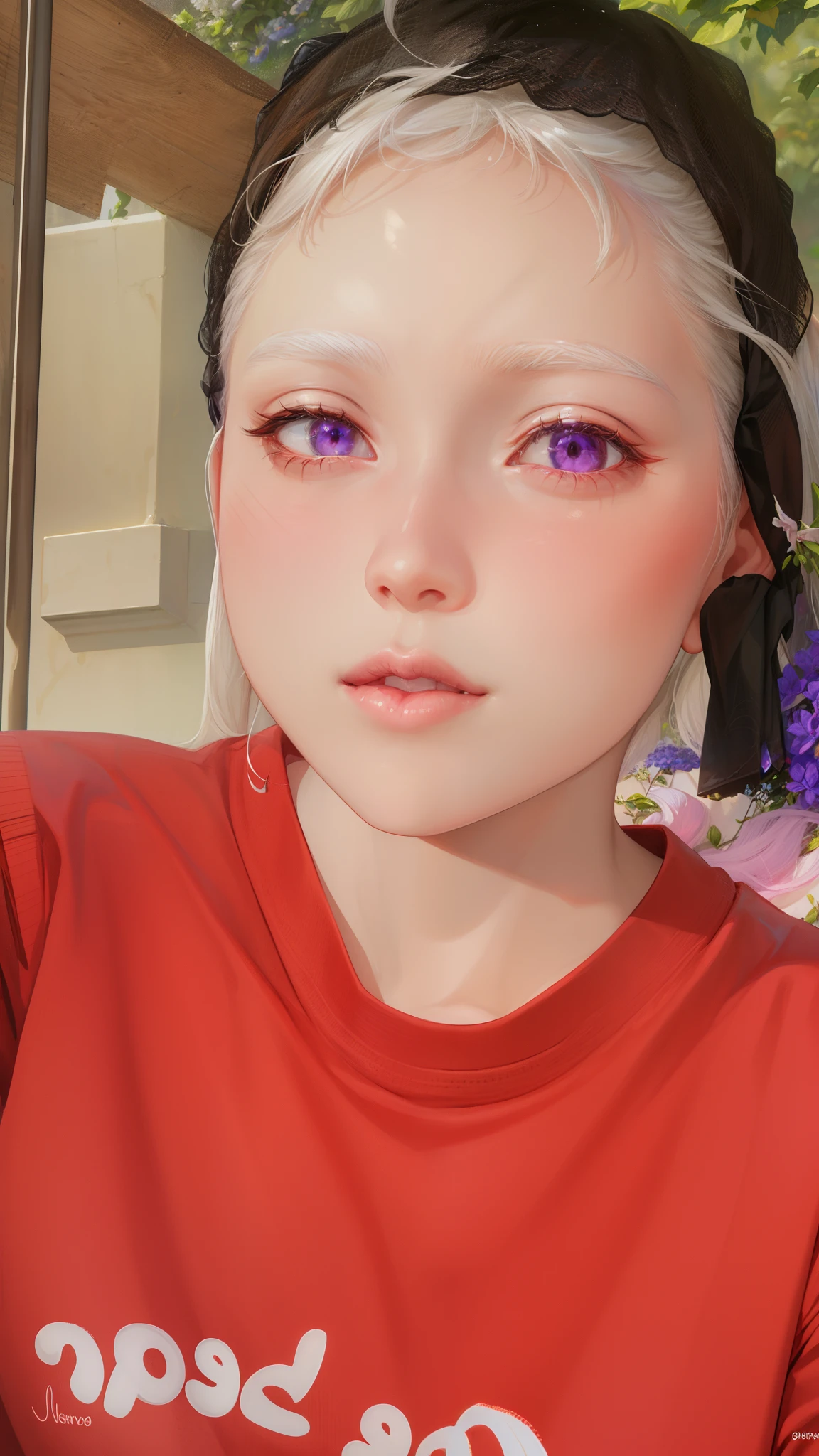 realistic, 1girl, white hair, purple eyes, glowing eyes, crop top, skirt, parted lips, blush, night, flowers, sun, sunlight,