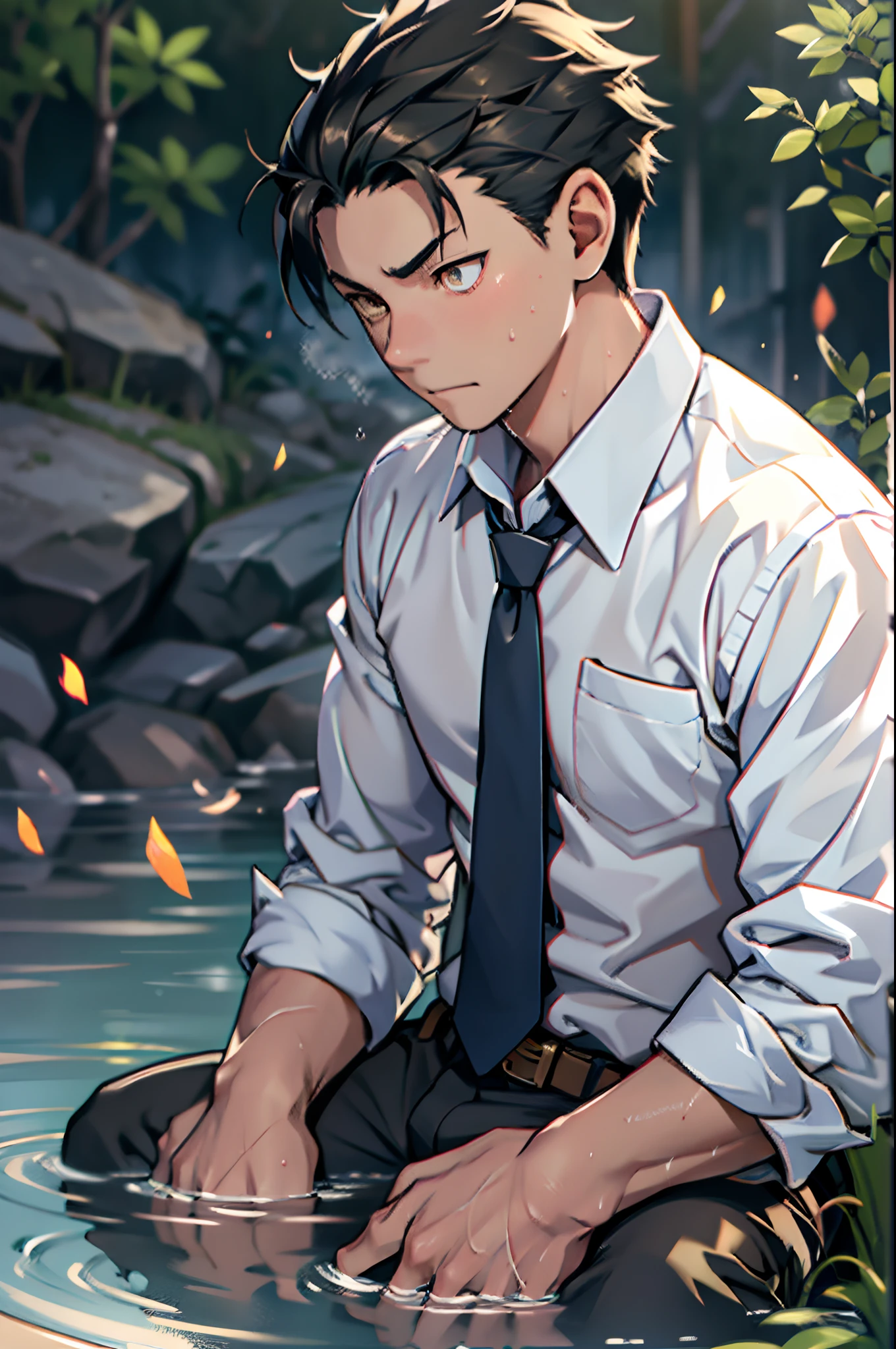 (1 Adult male),A high resolution, Sharp focus, Pixiv masterpiece, ((Complicated details)), highly detailed, natsuki_subaru, 1 man,Lying in the mud, Lazy,full bodyesbian, Golden eyes(eyes glowing), Short blue hair,white shirt,Wear a tie,Wear a belt,perspire,rain,Drenched,Sweaty crotch,look from down