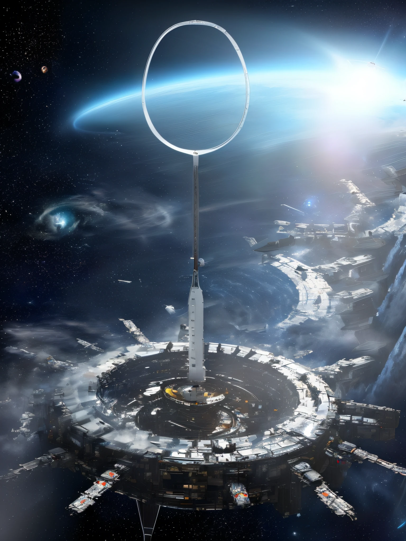 Spaceships and spaceships in space stations,There is a ring at the top, space elevator, photo of a dyson sphere, dyson sphere in space, dyson sphere, Ring World, russian orbit city cityscape, black hole rising above city, alien antenna, background megastructure, Floating city in the sky, futuristic space port, borne space library artwork, megastructure in the background