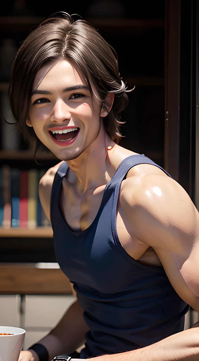 ((Men only)), (head shot), (face only), (Handsome muscular in his 20s), (Orlando Bloom), (Laughing with a big, open mouth), wearing blue tank top, (detaile: 1 in 1), Natural muscles, HIG quality, beautidful eyes, (Detailed face and eyes), (Face、: 1 / 2), Noise, Real Photographics、... ................................................................................................................PSD, Sharp Focus, High resolution 8K, realisitic & Professional Photography, 8K UHD, Soft lighting, High quality, Film grain, FujifilmXT3
