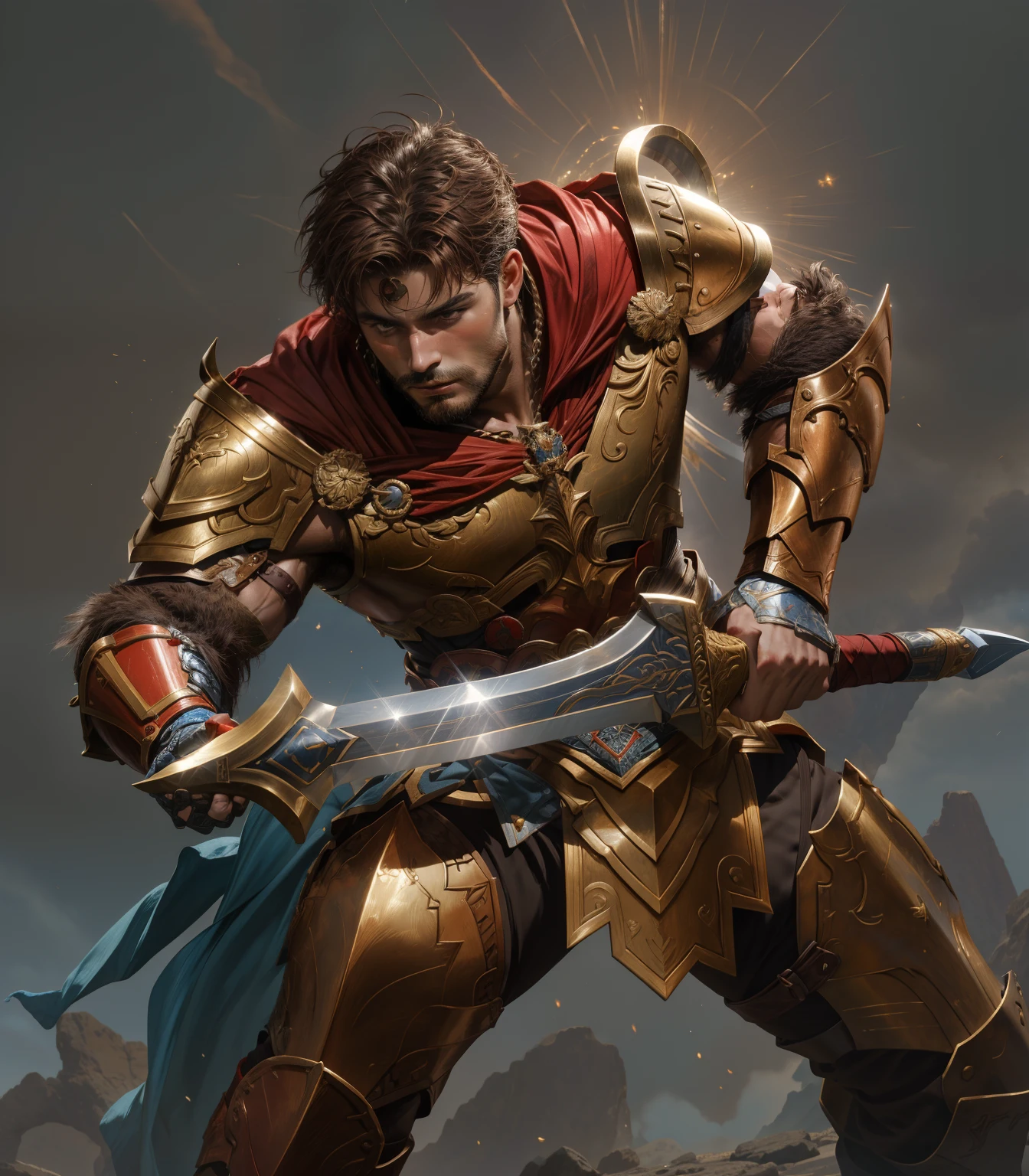 20yr old，Greek warriors，fanciful，greek myth，Bronze armor，short detailed hair，flathead，brown  hair，Masculinity，，Red cape，leathers，chest muscle，Abs，musculature，Strong，One hand open，Extend your palm forward，One -handed sword，ssee-through，