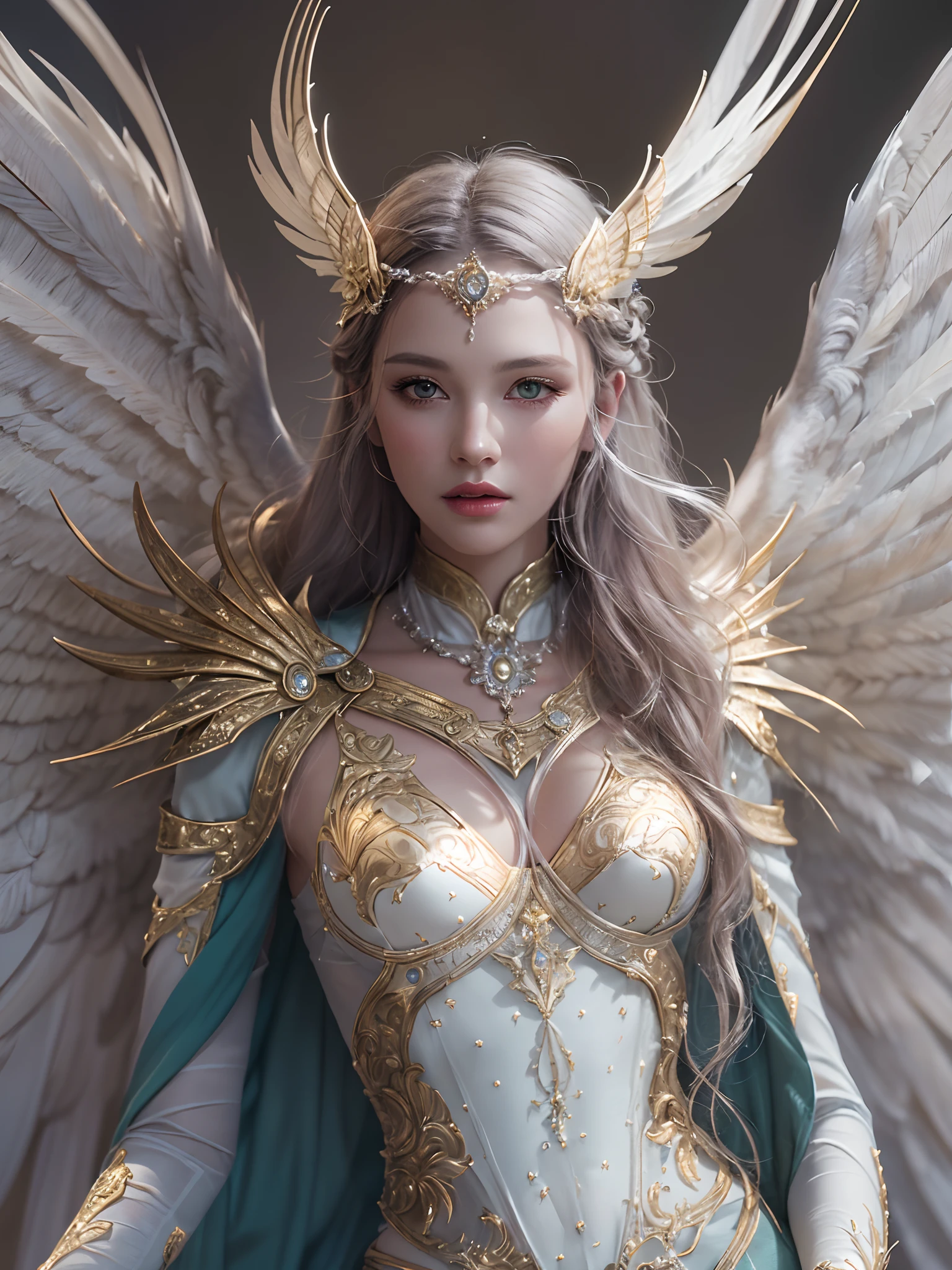 (masterpiece, best quality, photorealistic, highly detailed, octane render, unreal engine, 8k HD, hyper-detailed, realistic skin texture, best quality, ultra high res, raw photo, dramatic lighting, unreal engine, diffuse glow, dynamic pose), A female archangel with beautiful features would likely have striking, ethereal looks that would inspire awe and wonder in anyone who beheld her. She might have piercing blue or green eyes that seemed to glow with an inner light, framed by long lashes that brushed against her delicate cheekbones. Her skin might be porcelain pale, with a soft, rosy blush that highlighted her high cheekbones.
Her hair might be long and flowing, with strands of gold or silver that shimmered like starlight in the sun. It might be styled in intricate braids or loose waves that cascaded down her back, or perhaps pulled back into an elegant updo that showcased her graceful neck.
Her wings would be magnificent, with feathers as white as snow and shimmering with an otherworldly light. They might be large and imposing, giving her an aura of power and majesty, or perhaps delicate and intricate, reflecting her refined and elegant nature.
In short, a female archangel with beautiful features would be a vision of divine beauty, radiating grace, power, and wonder in all who beheld her