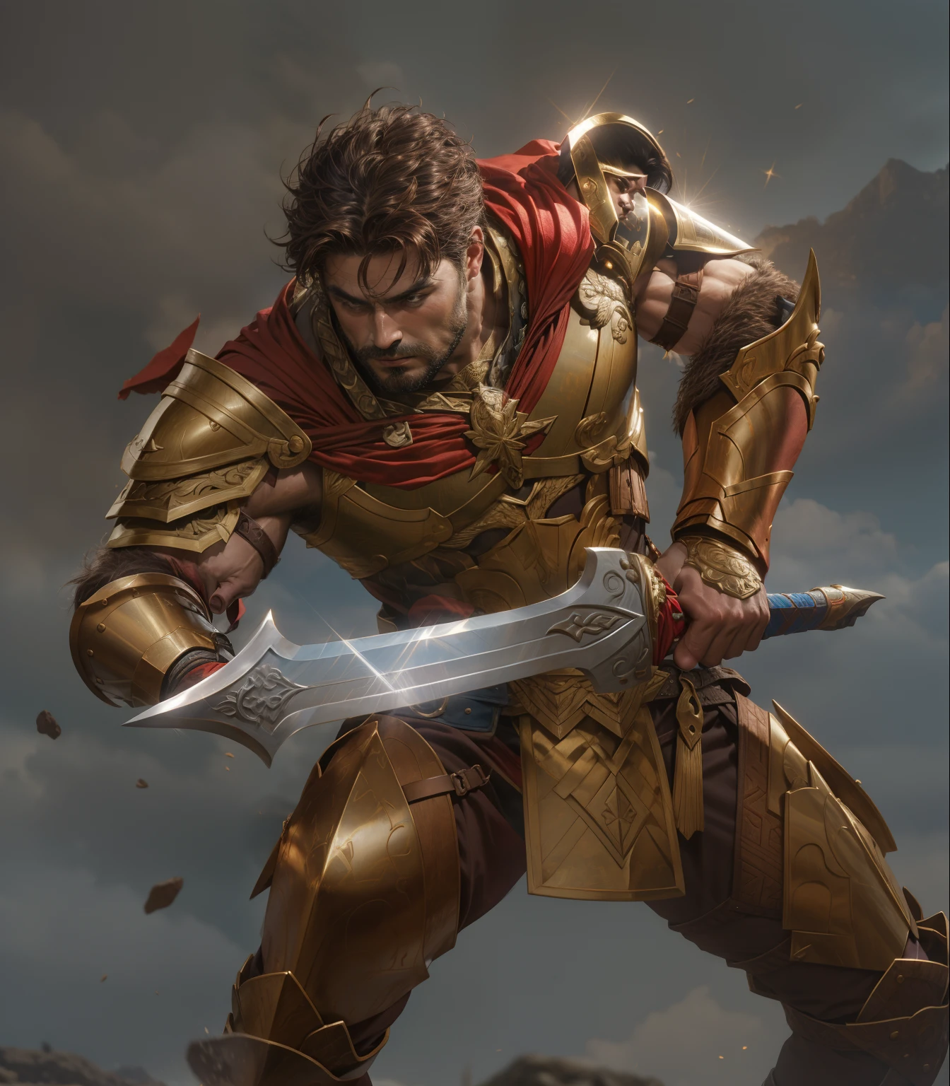 Greek warriors，fanciful，greek myth，Bronze armor，short detailed hair，flathead，brown  hair，Masculinity，，Red cape，leathers，chest muscle，Abs，musculature，Strong，One hand open，Extend your palm forward，One -handed sword，ssee-through，