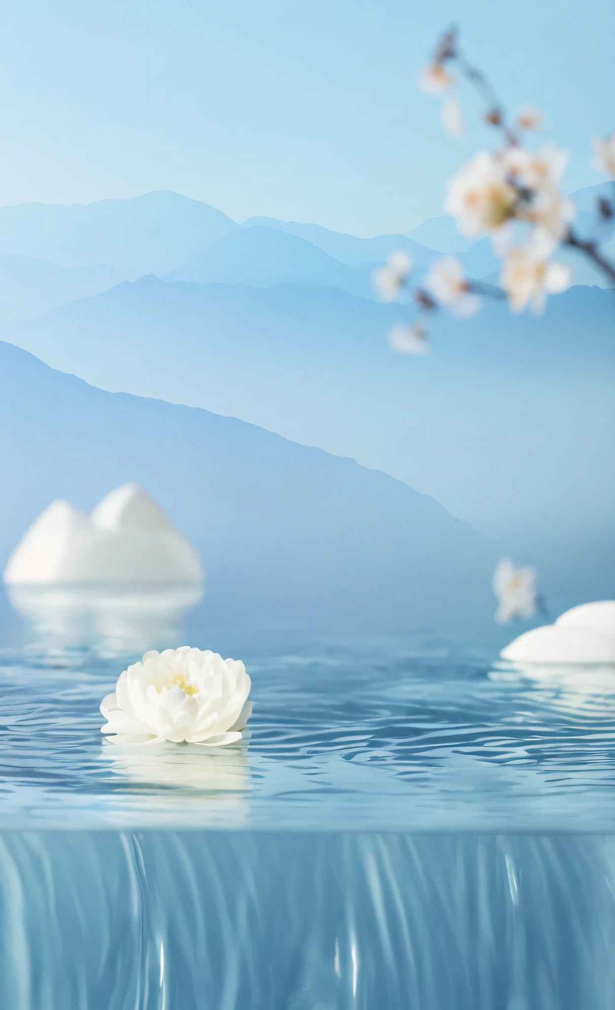 White flowers float on the blue water, zen natural background, floating in a powerful zen state, serene post-nuclear background, lotus flowers on the water, serene emotion, serene scene, water landscape, peaceful scenery, serene scene, floathing underwater in a lake, beautiful lake background, Tranquility, rippled white landscape, bloom and flowers in background
