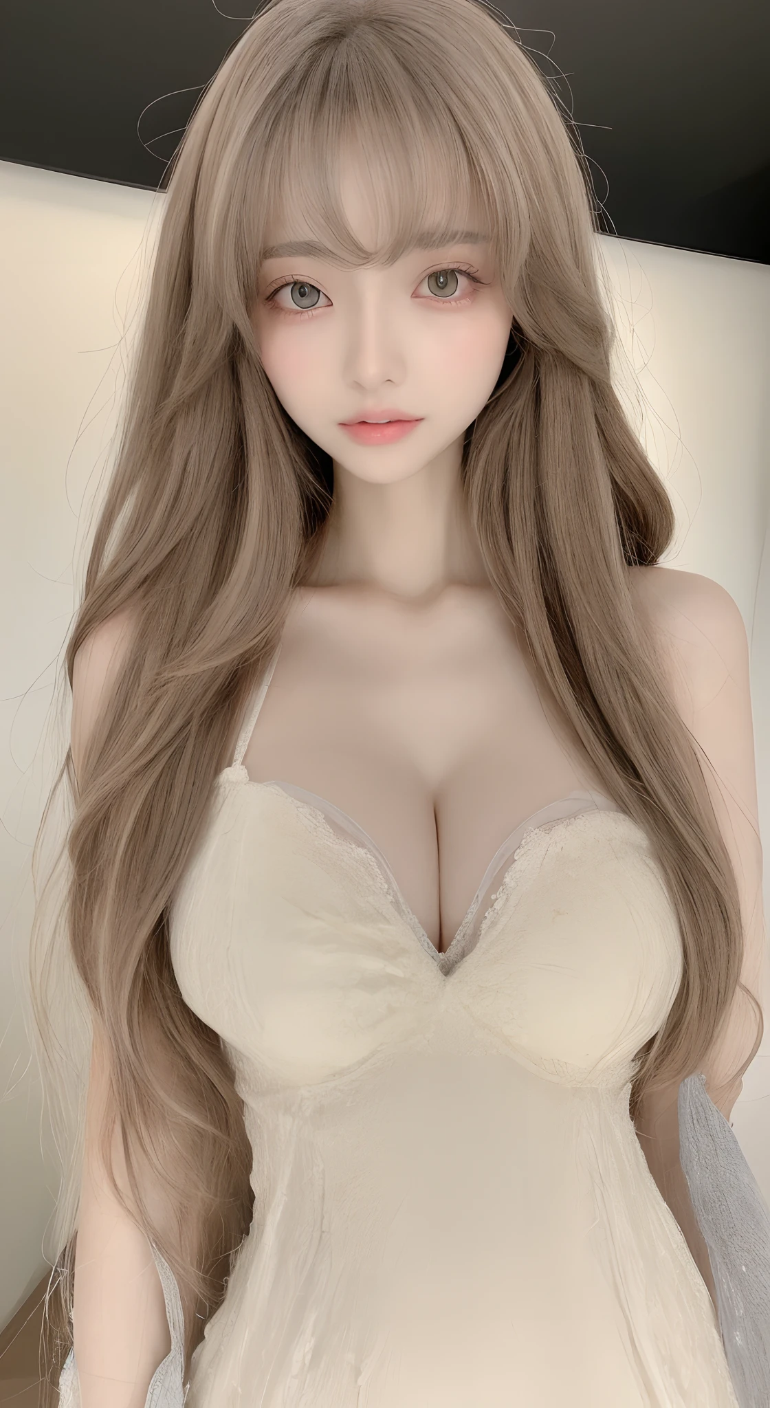 perfect figure beautiful woman：1.4，Layered Hair Style，Protruding cleavage：1.2，offcial dress：1.5，Highly Detailed Face and Skin Textur，Narrow eyes，二重まぶた，Whitens the skin，long whitr hair