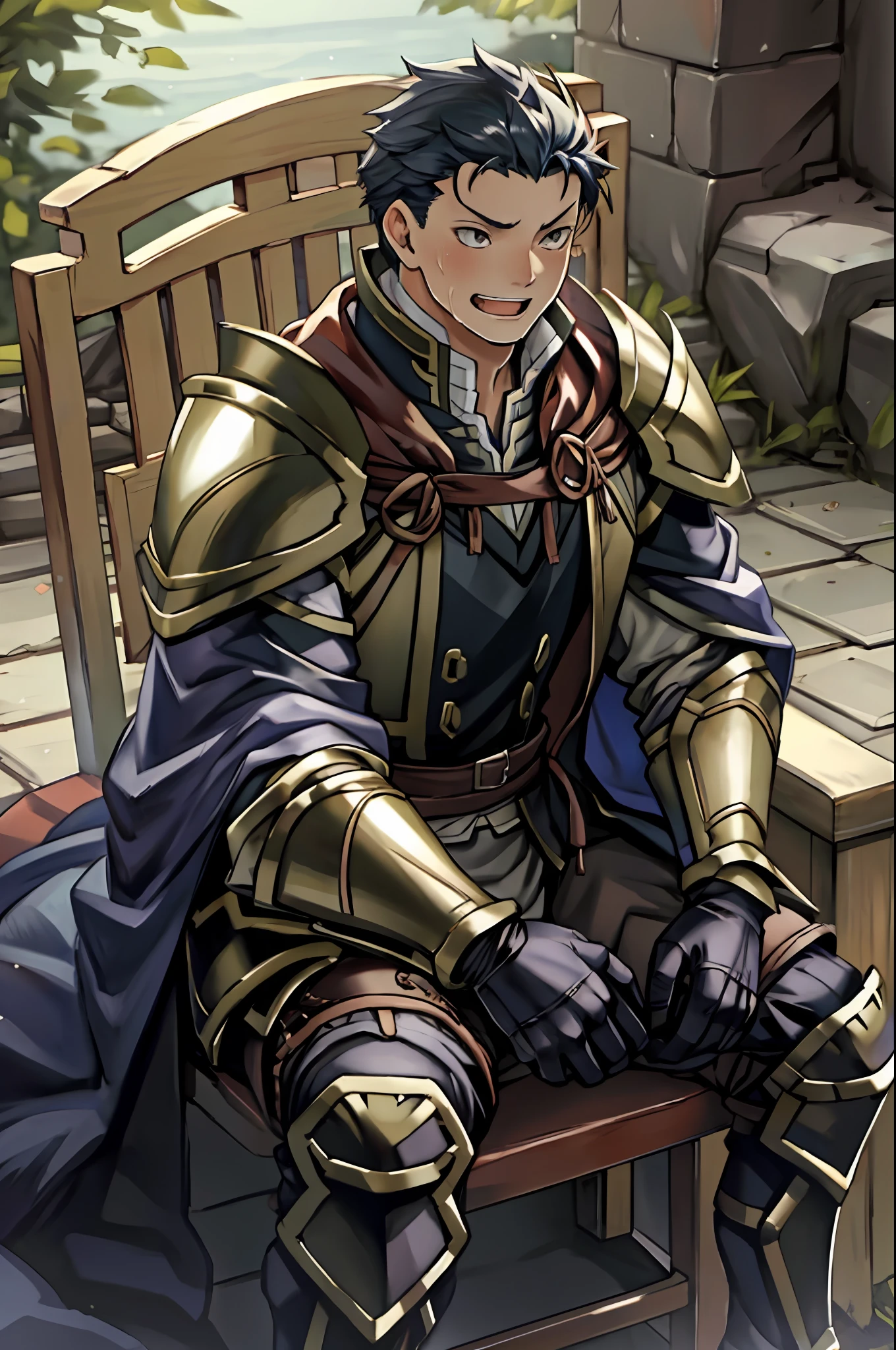 Hector Fey, 独奏, looking at viewert, Teasing laughter, Open your mouth,drools,perspire,Drenched,Get wet,mitts, 1 man, Male focus, sit astride(sit on chair),Cloak, Armour, Shoulder armor, look from down