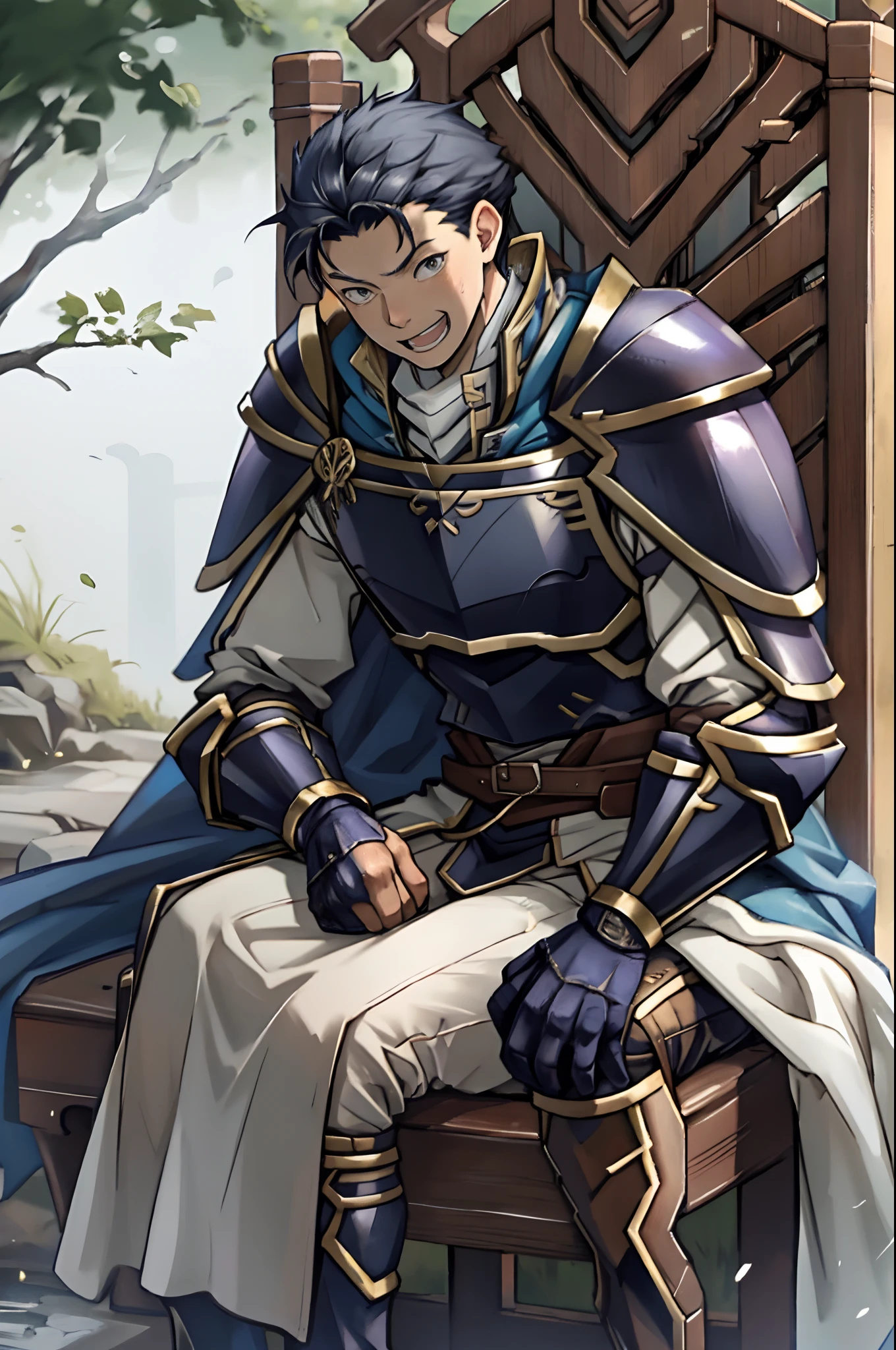 Hector Fey, 独奏, looking at viewert, Teasing laughter, Open your mouth,drools,perspire,Drenched,Get wet,mitts, 1 man, Male focus, sit astride(sit on chair),Cloak, Armour, Shoulder armor, look from down