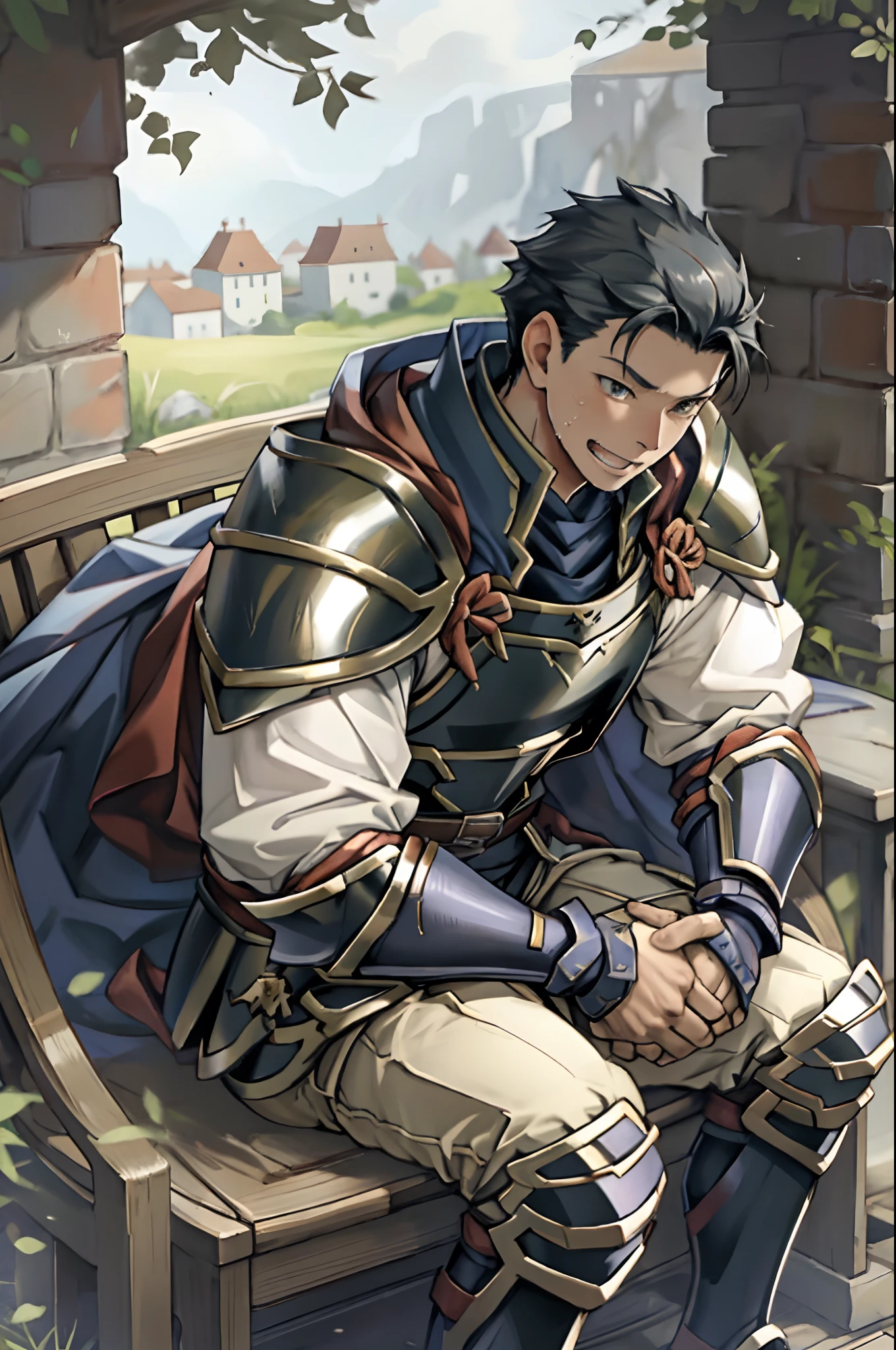 Hector Fey, 独奏, looking at viewert, Teasing laughter, Open your mouth,drools,perspire,Drenched,Get wet,mitts, 1 man, Male focus, sit astride(sit on chair),Cloak, Armour, Shoulder armor, look from down