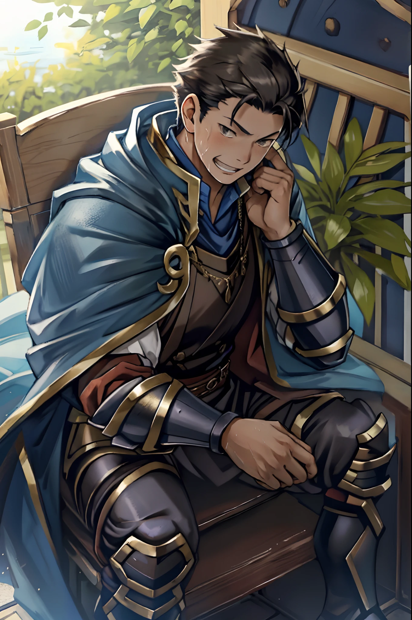 Hector Fey, 独奏, looking at viewert, Teasing laughter, Open your mouth,drools,perspire,Drenched,Get wet,mitts, 1 man, Male focus, sit astride(sit on chair),Cloak, Armour, Shoulder armor, look from down
