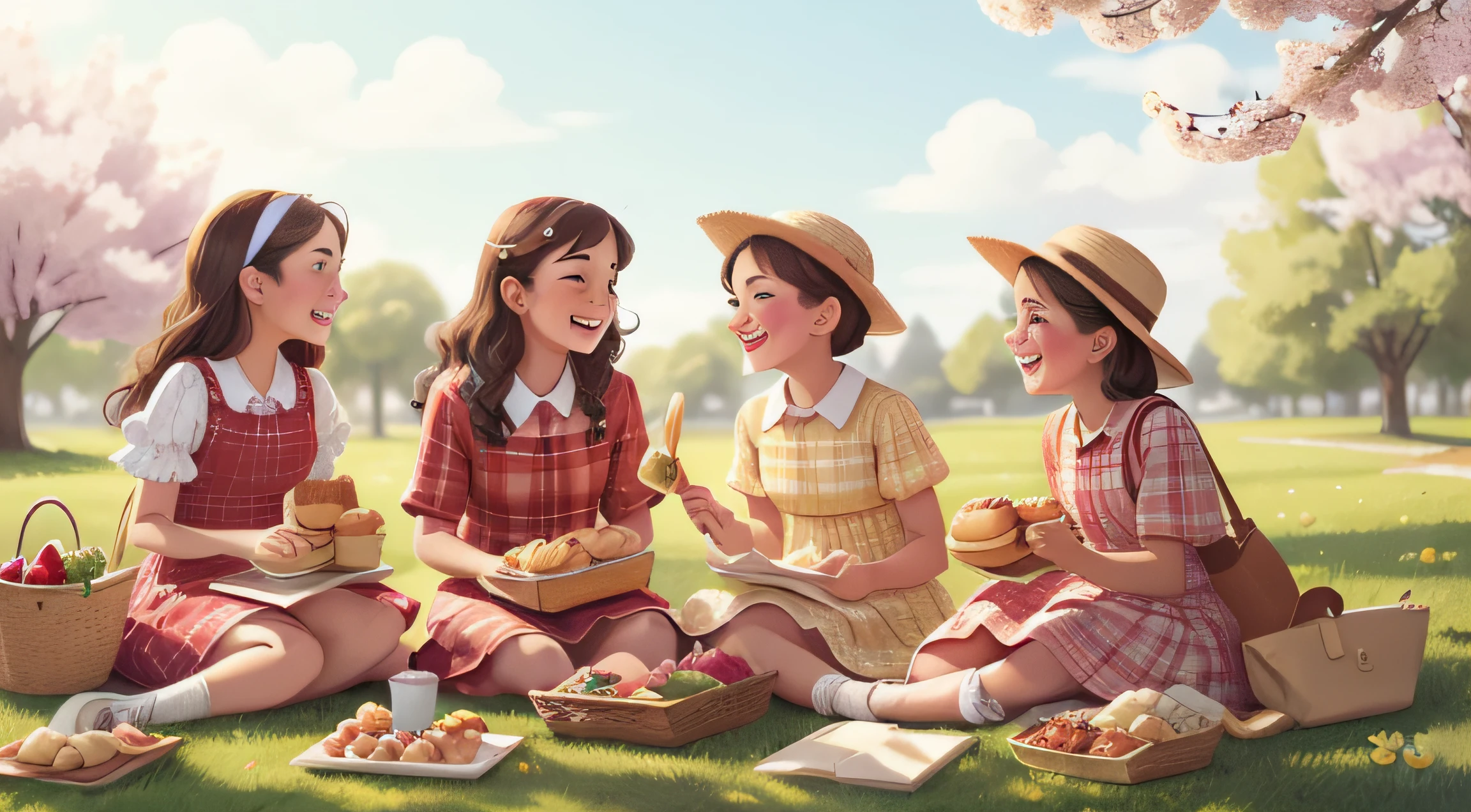 On a grassy knoll within a university campus, students dressed in retro clothing gather for a picnic. A plaid blanket stretches across the ground, adorned with baskets of sandwiches and fresh fruit. Laughter mingles with the gentle rustle of leaves as friends share stories and indulge in pastries. Under the shade of blossoming cherry trees, a girl in a sundress sketches the scene in her notebook, capturing the essence of camaraderie and leisure.
