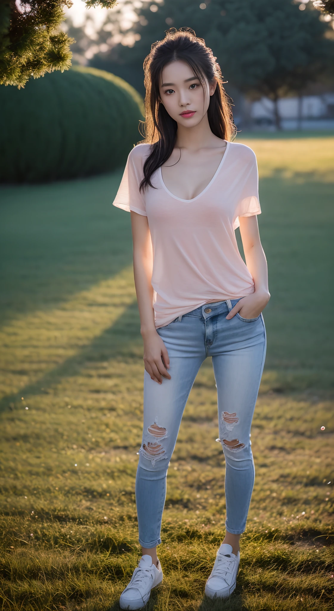 ((Best quality, 8K HD, Masterpiece: 1.3)), (Wet clothes: 1.1), (rain, grassy fields: 1.3), 1 beautiful woman taking pictures on the grass,RAW photos,tmasterpiece,(highdetailskin:1.2),8k ultra high definition,digital SLR camera,gentlesoftlighting,high high quality,filmgrain,富士XT3,20 years old Asian woman,Wear simple clothes,T-shirt and skinny jeans,Detailed clothing details:1.3,perfect body figure,Perfect breasts and nipple bulge,The legs are straight and slender,Branded stylish shoes:0.6,Super detailed facial details and skin,Fair pink face and skin,The skin is pink,with light glowing,二重まぶた,Super detailed eyes,(Gloss on lips, eyeslashes, Glossy face, Best quality, Super high resolution, warm color,Wide lighting, naturalshadow), Coquettish and sexy, Full body shooting: 1.8