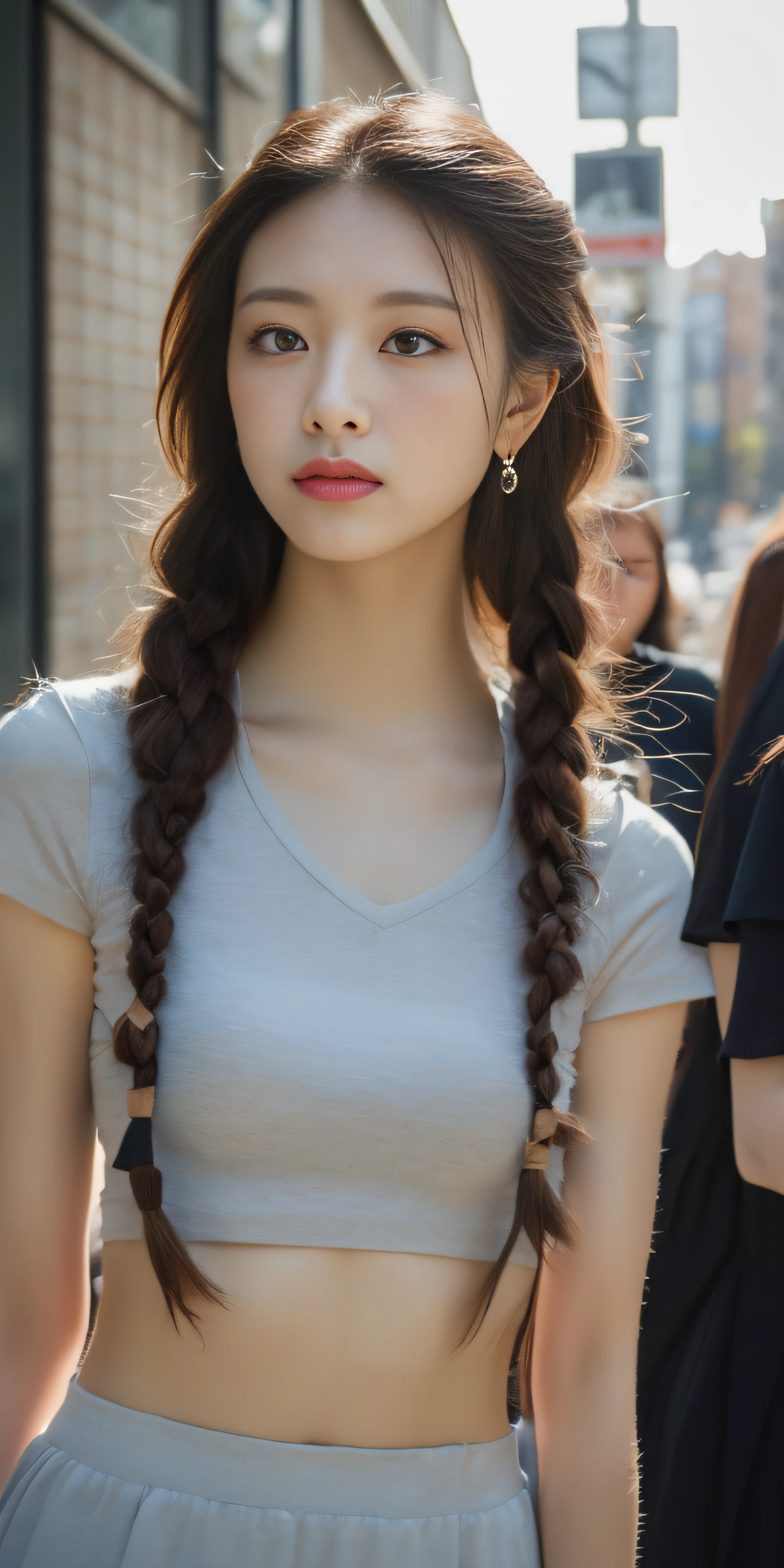 ((Top Quality, 8k, Masterpiece: 1.3)), Sharp Focus: 1.2, Beautiful Women in Perfect Style: 1.4, Slender Abs: 1.2, Braids, ((Dark Brown Hair, Big: 1.2)), (Natural Light, City Street: 1.1), Highly Detailed Face and Skin Texture, Detailed Eyes, Double Eyelids
