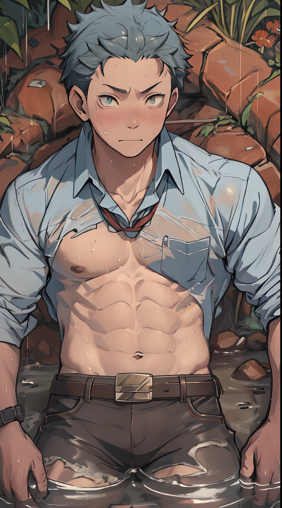 （1 Adult male），A high resolution， Sharp focus， Pixiv masterpiece， （（Complicated details））， highly  detailed， natsuki_subaru， 1 man，Lying in the mud， Lazy，full bodyesbian， Golden eyes（eyes glowing）， Short blue hair，white  shirt，Wear a tie，Wear a belt，perspire，rain，Drenched，Sweaty crotch，look from down