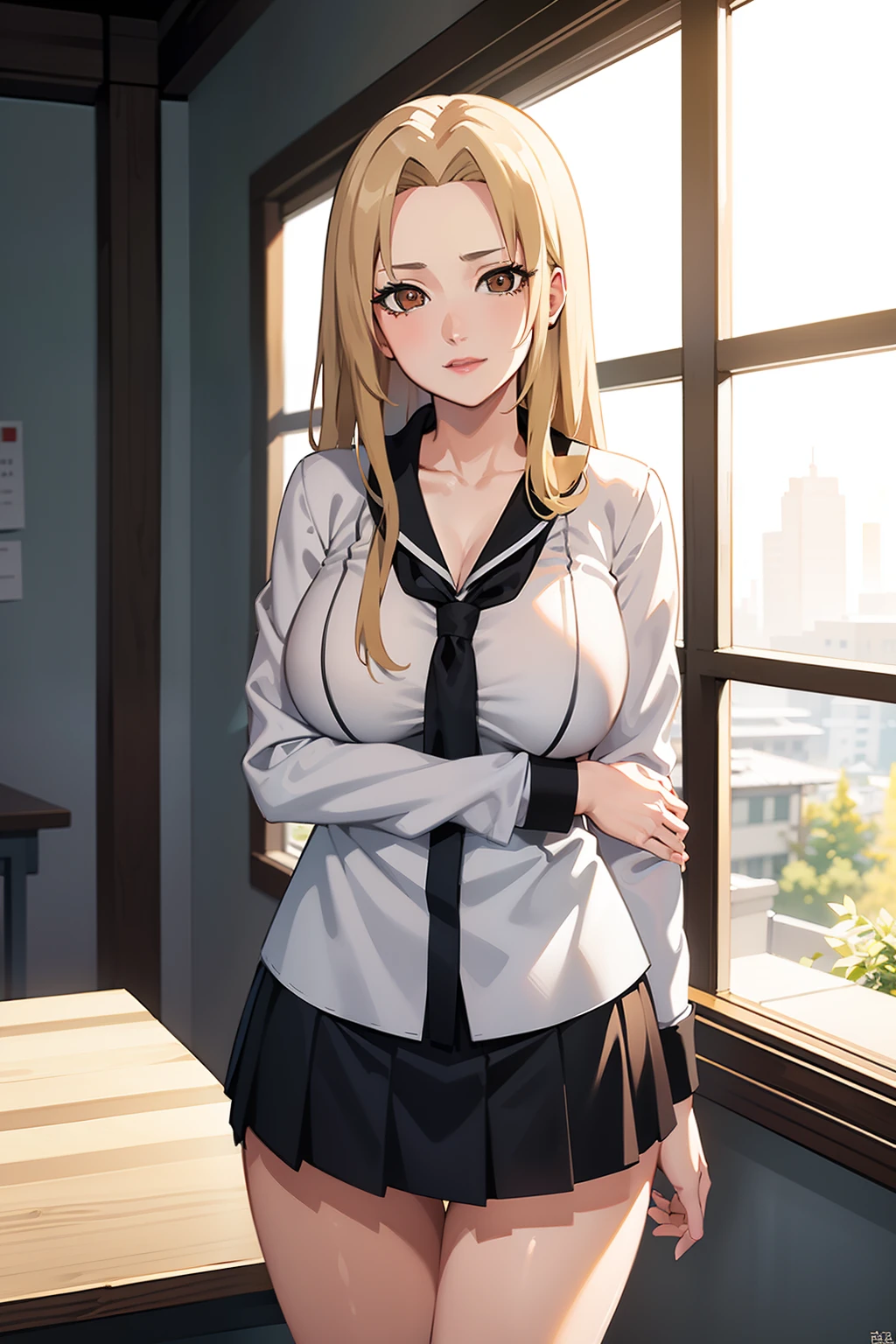 Masterpiece, Best quality, A high resolution, 1 girl, Side lighting, Masterpiece, Best quality, A high resolution, Tsunade,（ White school uniform,A half body，On the classroom desk，Beautiful brown eyes, Gorgeous lips,mediuml breasts,Be red in the face，Idiotic laughter）