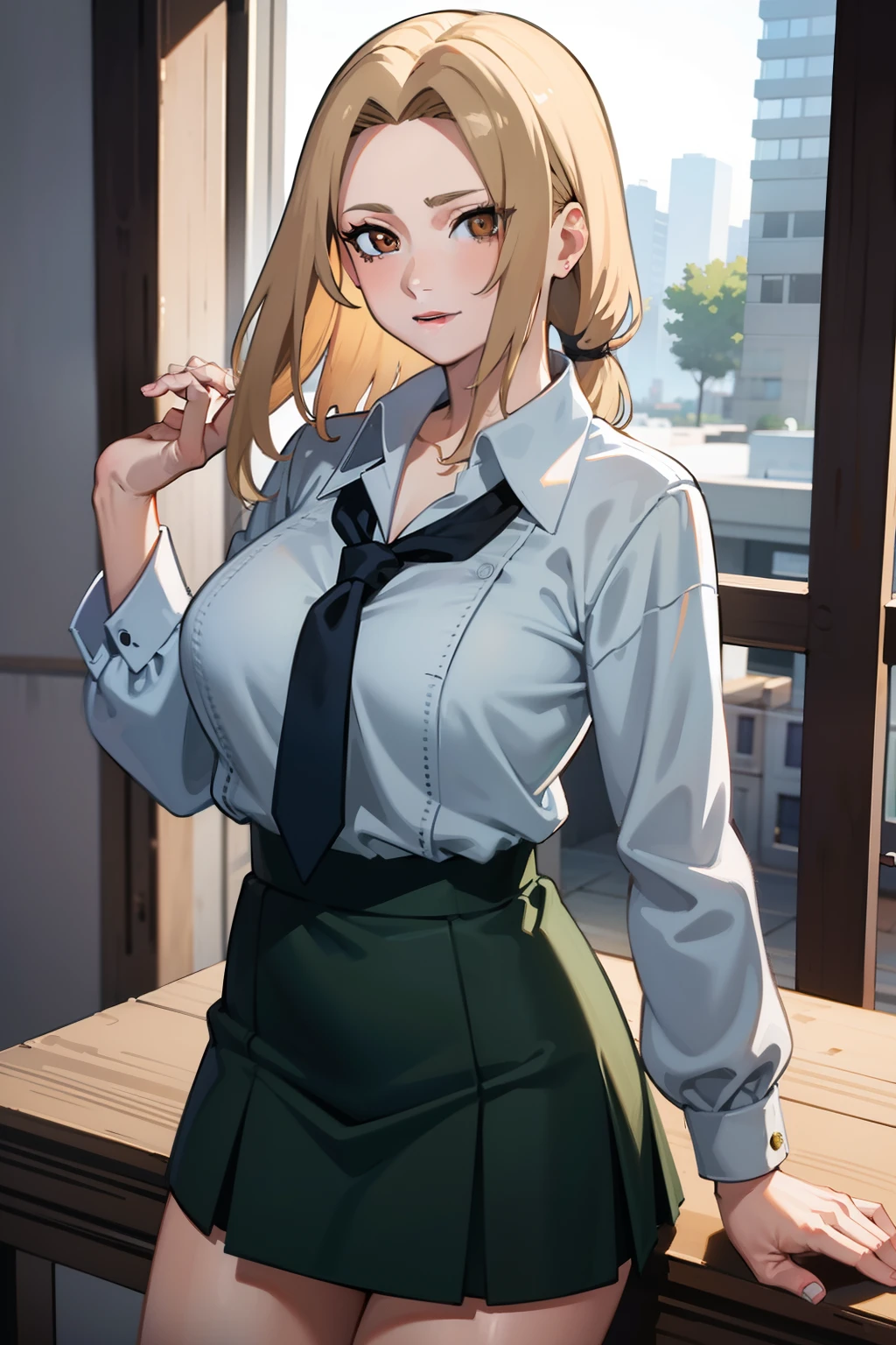 Masterpiece, Best quality, A high resolution, 1 girl, Side lighting, Masterpiece, Best quality, A high resolution, Tsunade,( White school uniform,A half body,On the classroom desk,Beautiful brown eyes, Gorgeous lips,mediuml breasts,Be red in the face,Idiotic laughter)