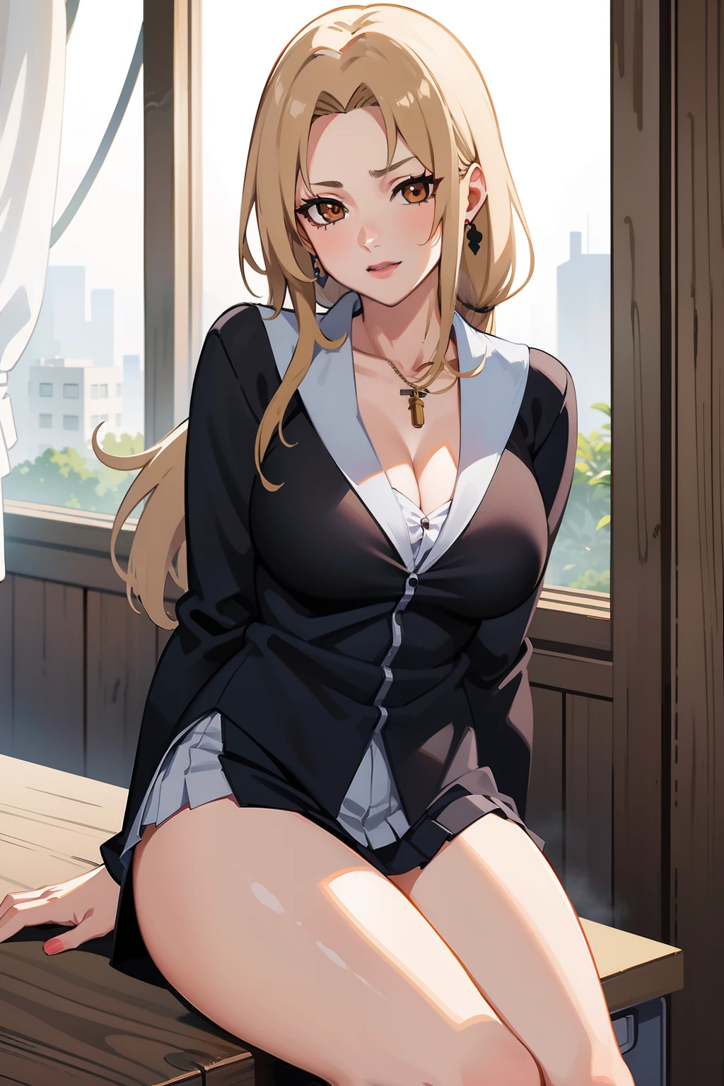 Masterpiece, Best quality, A high resolution, 1 girl, Side lighting, Masterpiece, Best quality, A high resolution, Tsunade,（ White school uniform,A half body，On the classroom desk，Beautiful brown eyes, Gorgeous lips,mediuml breasts,Be red in the face，Idiotic laughter）