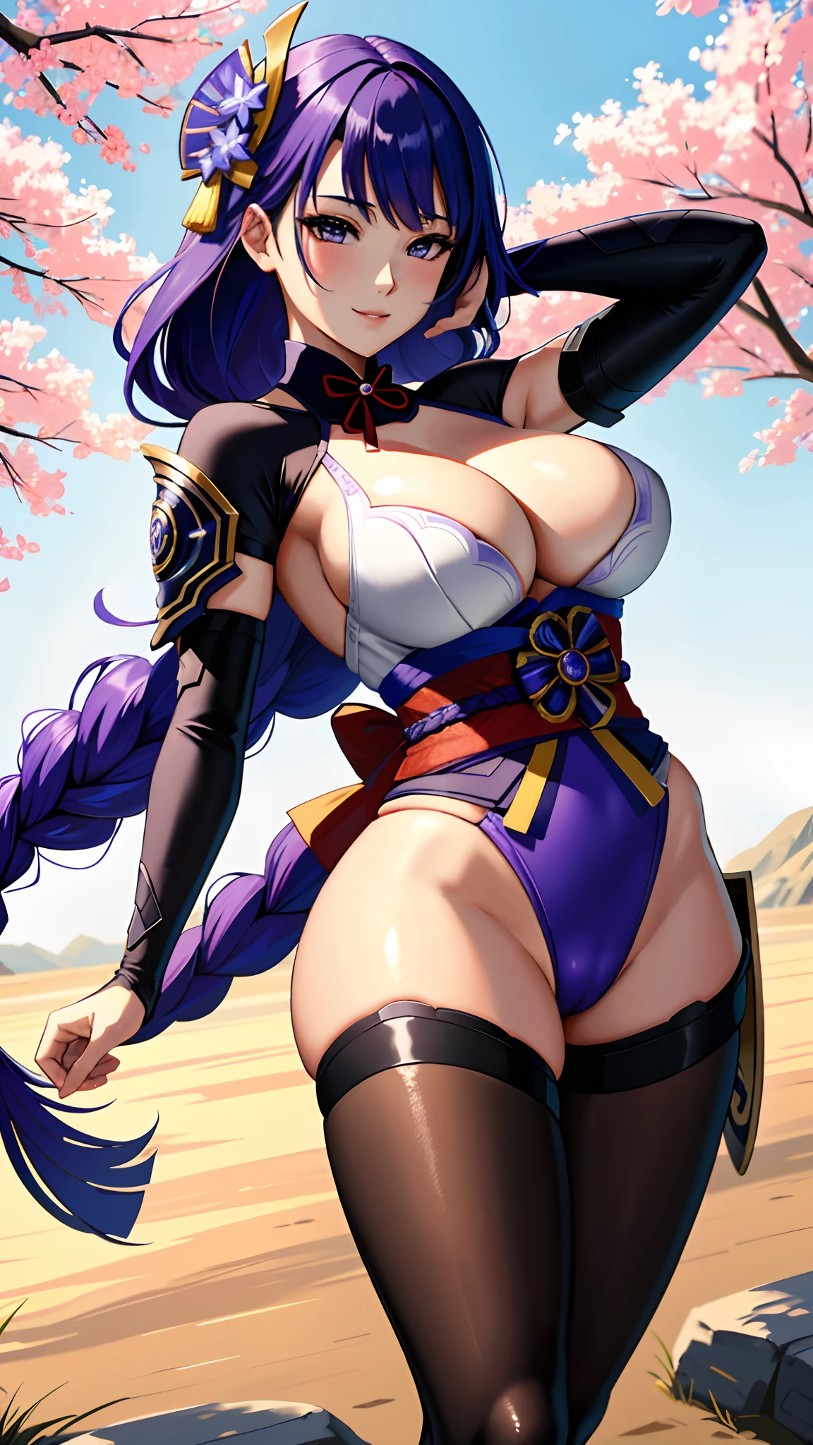 Raiden Shogun, raiden, (Breast-huge), nedium breasts, Masterpiece, Best quality, Ultra-delicate hands on the buttocks), (angle of view:1.1), (Smile:0.9),Busty body，thick leg，lacepantyhose