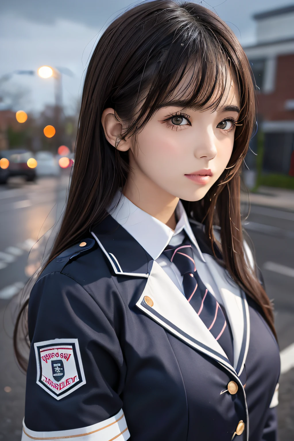 high school girl, overcast sky, soaked, uniform