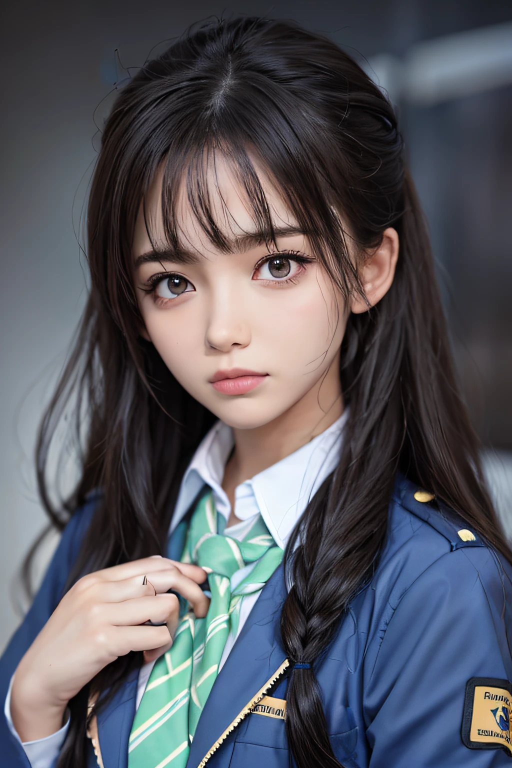 high school girl, overcast sky, soaked, uniform