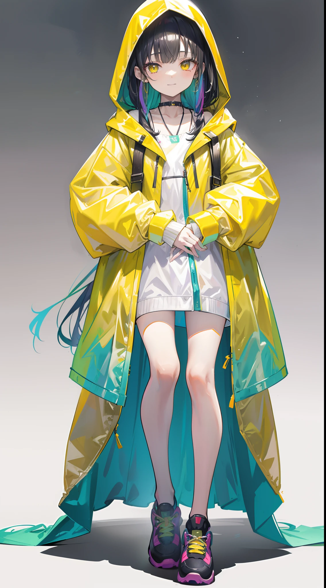 Rainbow gradient long hair girl in yellow cropped raincoat，The raincoat hood covers the face，full body pov，posing on a，ssmile，Hands exposed。Dad shoes，Accentuate the texture of raincoats and gelcoats，Accentuates the translucent texture of the raincoat，ssmile，耳Nipple Ring，choker necklace
