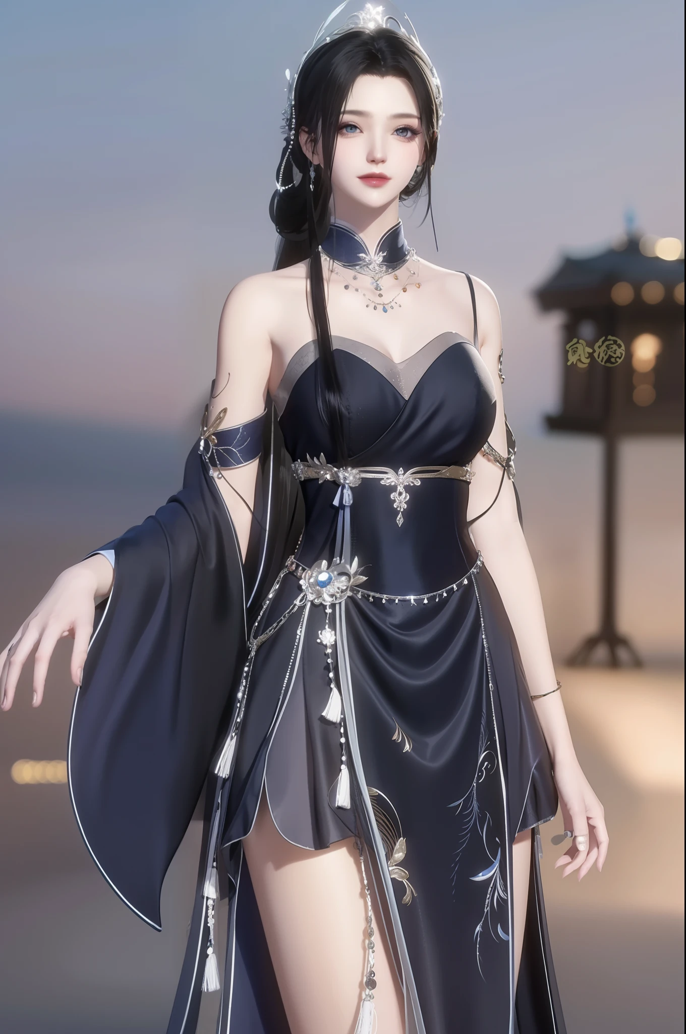 （best qualtiy，tmasterpiece：1.2），超高分辨率，realisticlying，Front lighting，Complicated details，Exquisitedetailsandtextures，（1girll），独奏，The upper part of the body，Blue Hanfu，Petal pattern，Nice big eyes，a blue dress，beauitful face，facing to audience，Streamers，gossamer，（年轻），Facial highlights，Detal Face，tear-mole，white skinned，Silvery hair，High ponytail，looking at viewert，largeeyes，（Openwork pattern），耳Nipple Ring，slimfigure，white backgrounid，correct hand，profesional lighting，photon maping，Radio City，physically-based renderingt