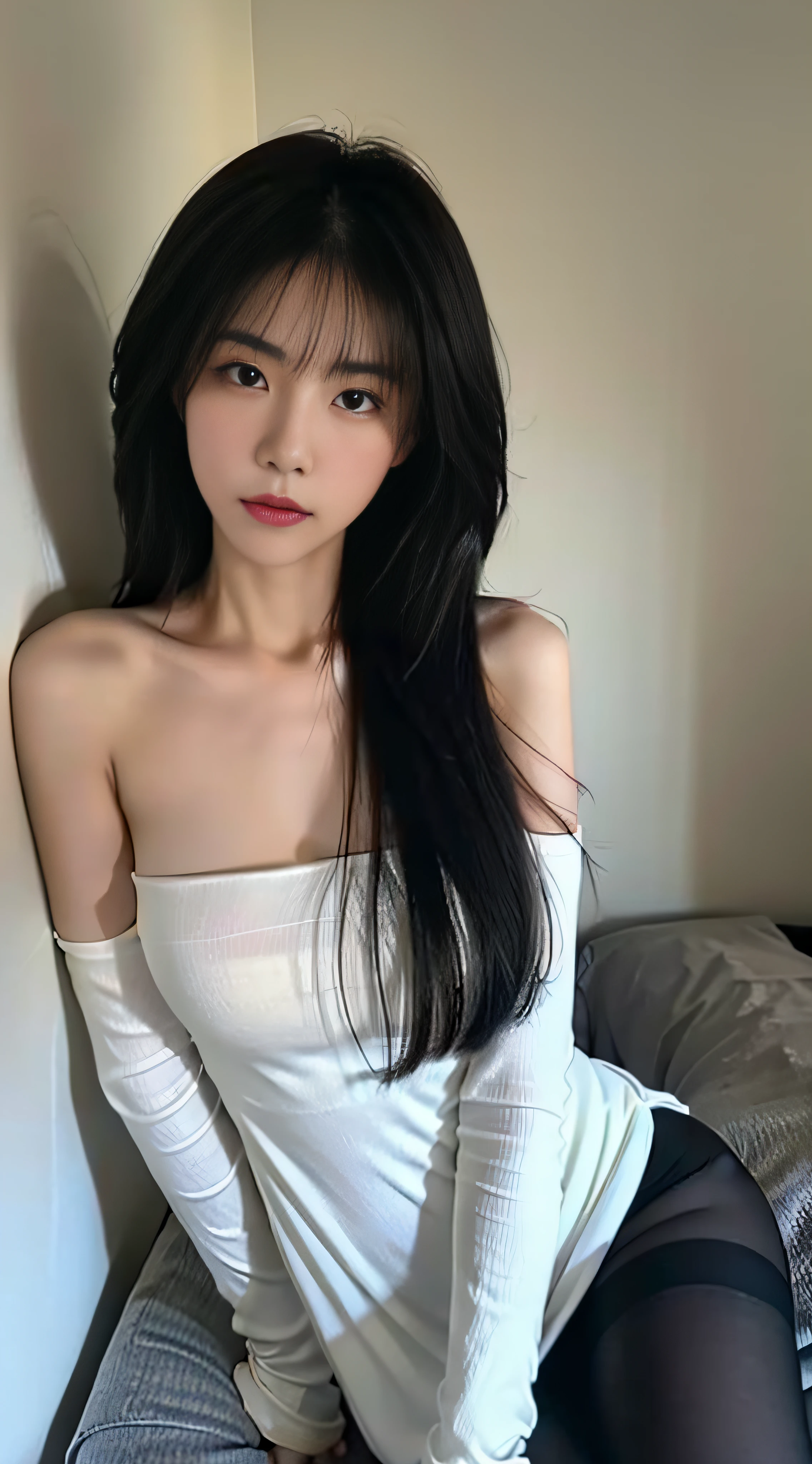 A Chinese woman on off-white wall background, fluffy hair, delicate face, realistic, real, large aperture, wearing black pantyhose, white dress, slim, cute, bare shoulder,