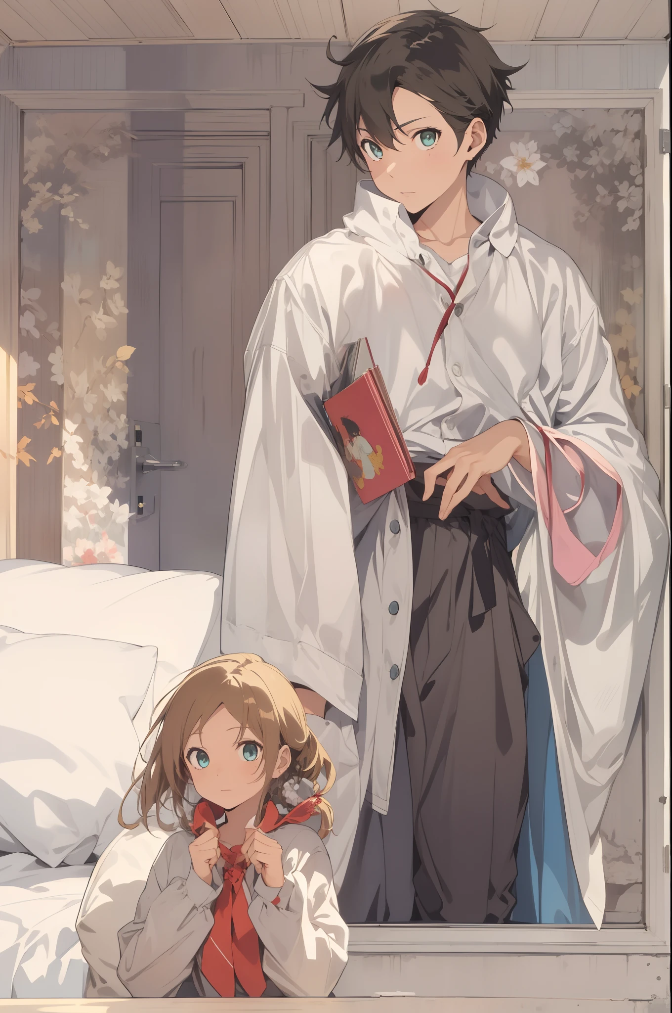tmasterpiece, Best quality at best, high high quality, 1boy, 独奏, malefocus, looking at viewert, The upper part of the body, liberta_arcana_famiglia, pyjamas, Reference illustration, Screen cover illustration, Screen cover redraw, simplebackground, singleBareShoulder, 独奏, white backgrounid