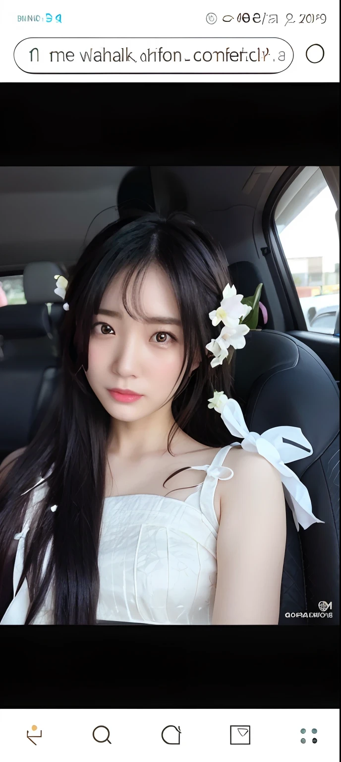 Close-up of a person in a car，A flower stuck in his hair, ulzzangs, wan adorable korean face, 8k selfie photograph, light green tone beautiful face, her face looks like an orchid, young cute wan asian face, with cute - fine - face, 19-year-old girl, Ruan cute vtuber, Korean girl