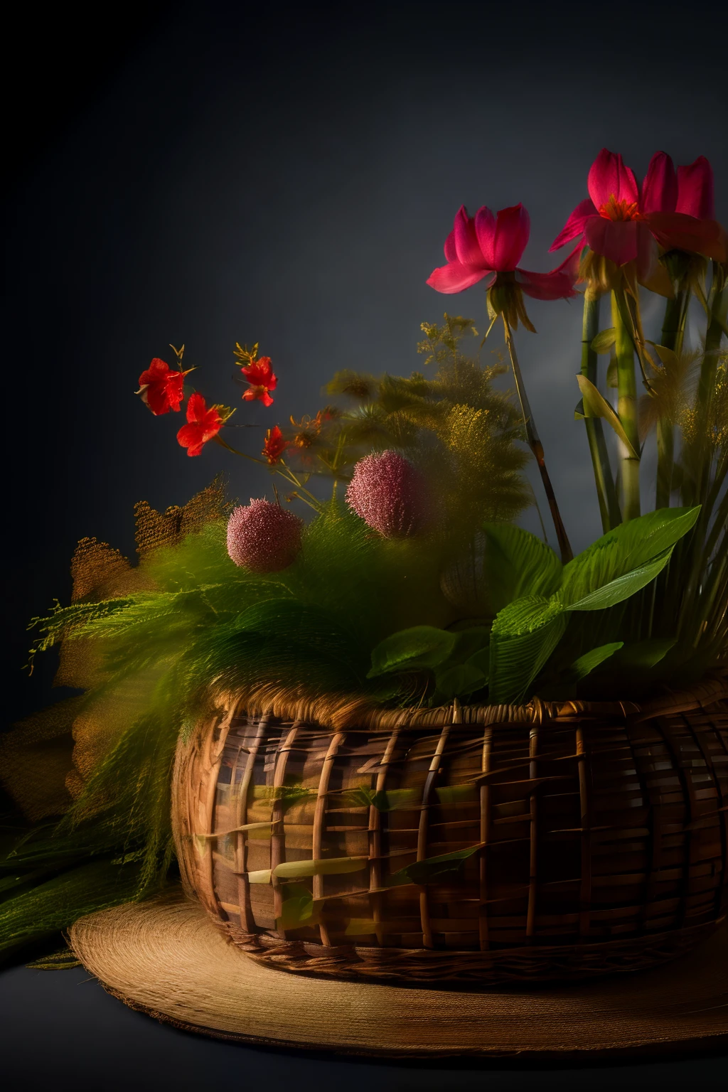 Uma cesta feita em palha e bambu em cima de uma mesa cheia de flores do campo de varias qualidades e cor (hiper-realismo :1.3), (fotorrealista, 8k, uhd: 1.3), (hiper detalhado :1.2), fotografia de estudio com tecnica chiaroscuro