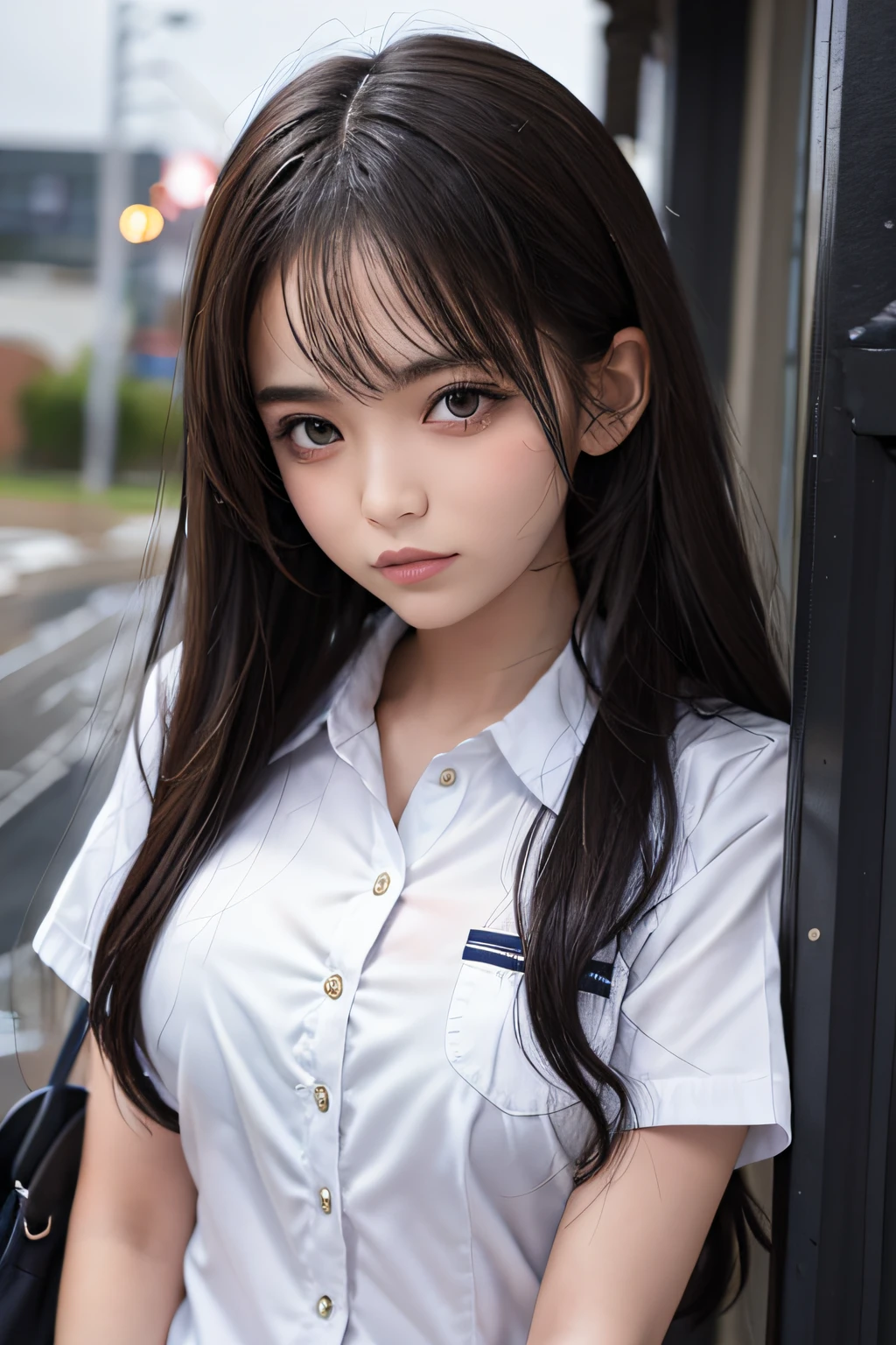 high school girl, overcast sky, soaked, uniform
