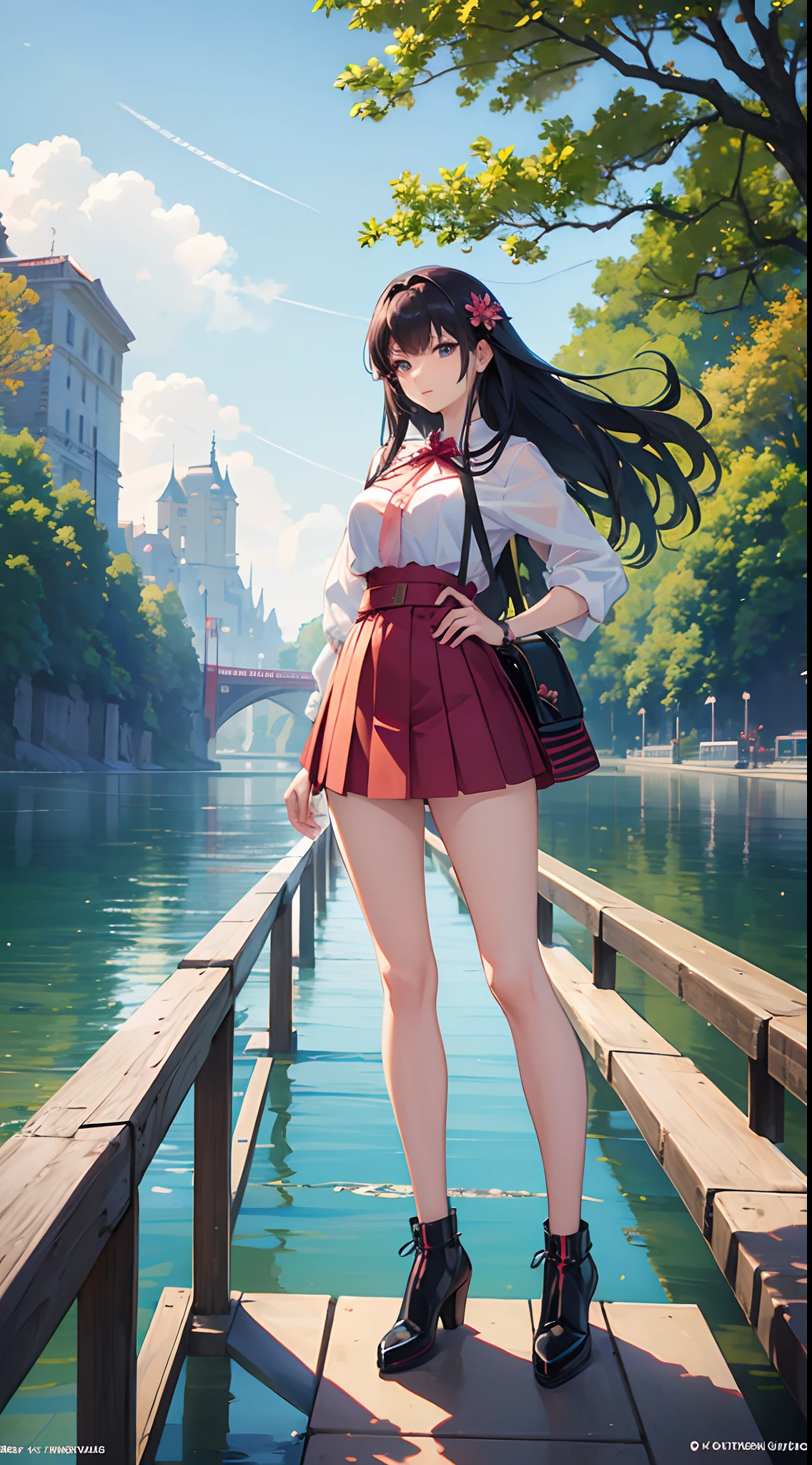 a woman in a short skirt standing on a bridge, ”beautiful anime woman, 🌺 cgsociety, misato katsuragi, beautiful alluring anime woman, inspired by Nishikawa Sukenobu, “anime girl, made with anime painter studio, clean detailed anime art, guweiz on artstation pixiv, guweiz on pixiv artstation