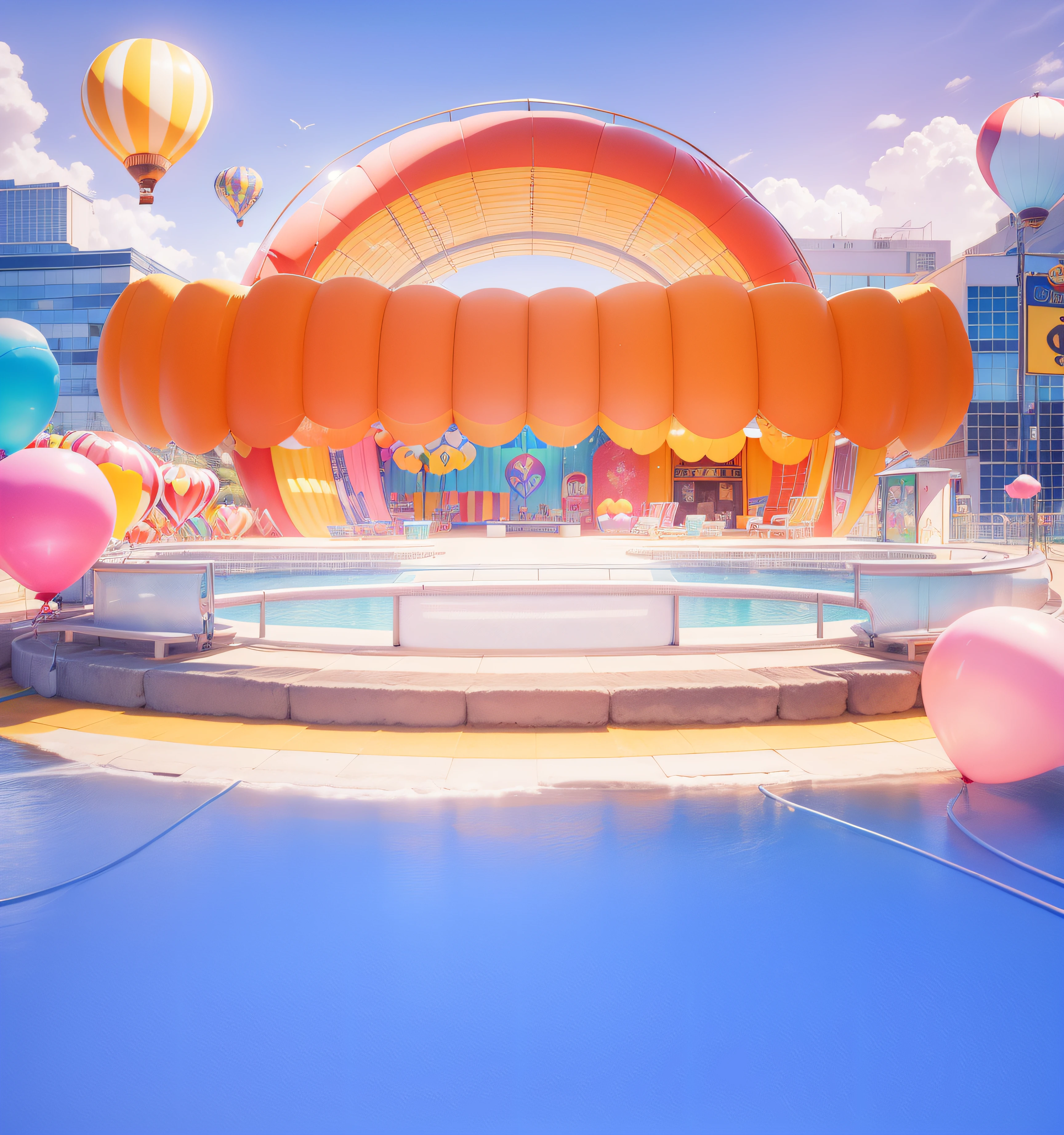 Paradise world/Carnival City，3Drenderingof,Dopamine Mood Paradise，Summer carnival style，hot air balloon，balloons，Lovely and sophisticated building，shop，Premium texture，high-class details，Studio lights