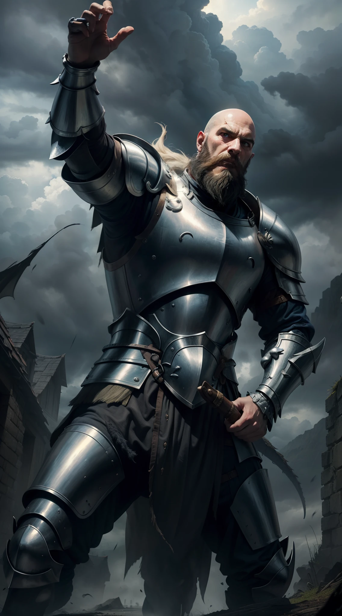 European knight bald beard heavy Armor riding great Legendary scary dragon cloudy thunder environnement scene master piece super detailed hyper realistic