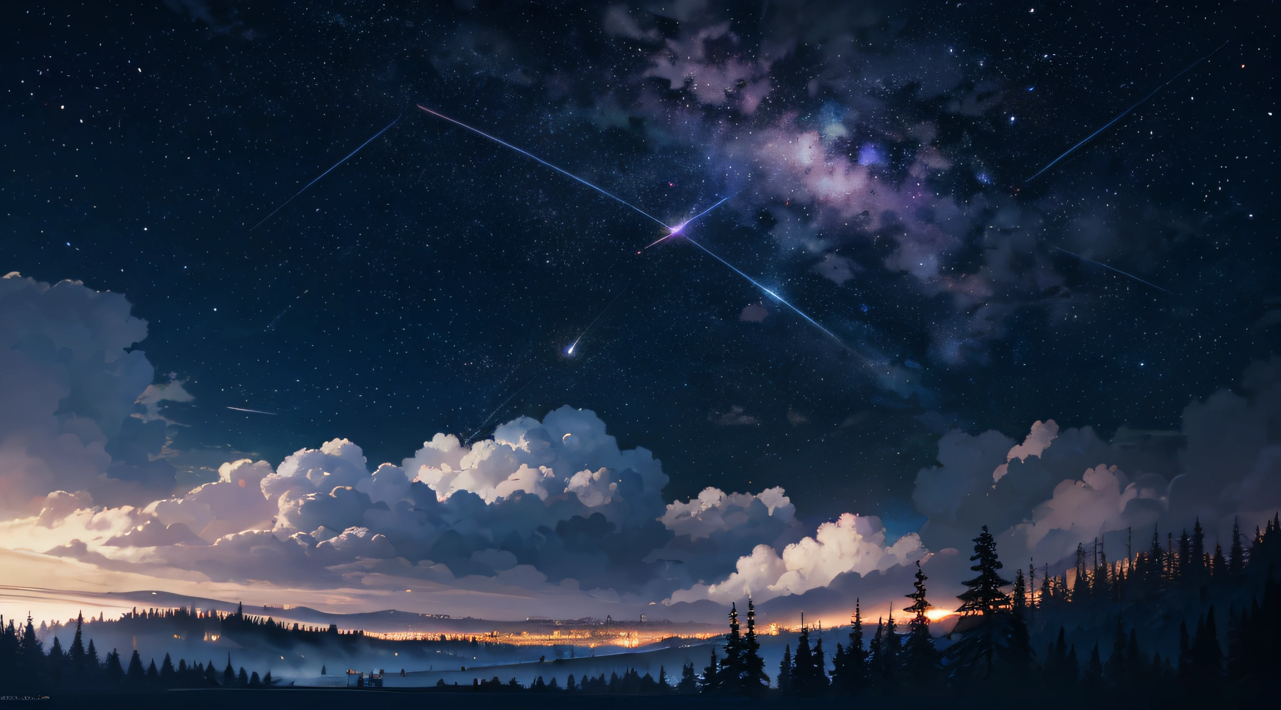 Expansive landscape photograph,(moon full:1.2),(meteors:0.9),(Starcloud:1.3),(Warm light source:1.2),(glowworm:1.2),lamp lights,Lots of purple and orange,Complicated details,Volumetriclighting,Realism BREAK(tmasterpiece:1.2),(best qualtiy),8K,Ultra-detailed,(dynamic compositions:1.4),The is very detailed,Colorful details,(Irridescent color:1.2),(luminouslighting,Atmospheric lighting),dream magical,magical,(独奏:1.2),((best qualtiy)), ((tmasterpiece)), (the detail:1.4),depth of fields,maximum definition and sharpness,perfectly proportions,Fluttering clouds,Wallpapers
