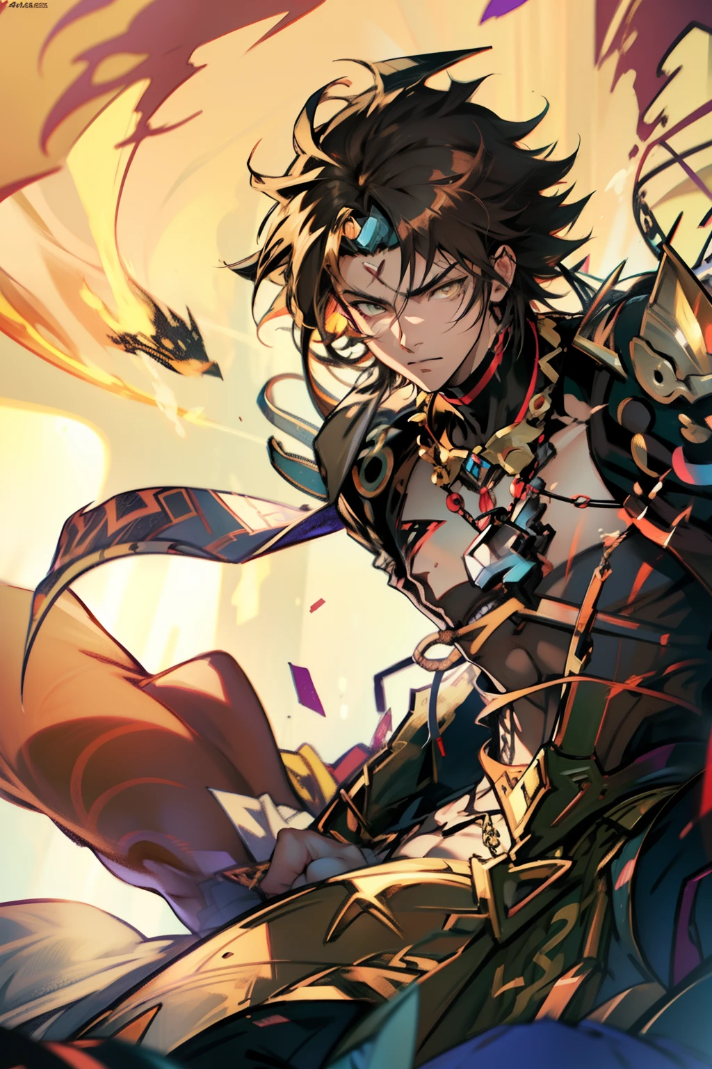 male people,((Masterpiece)), ((Best quality)), Ultra detailed,((illustration)), Dynamic Angle, Detailed light, (Delicate eyes), Floating, 1boy, Male focus, Head, Clothing, Yellow eyes, necklace, tattoo,hijabi sluty, (Forehead:0.8), (ahoge:0.8), jewelry, apathy,Ray, chest muscle, Sexy ,frontage,style of anime4 K, 4K anime wallpaper, Badass anime 8 K, 4 k comic wallpaper, young anime man, Anime boys, Anime wallpapers 4 k, Anime wallpaper 4K, High quality anime art style, Anime moe art style, Anime art wallpaper 8 K, Anime art wallpaper 4 K, RGB lighting