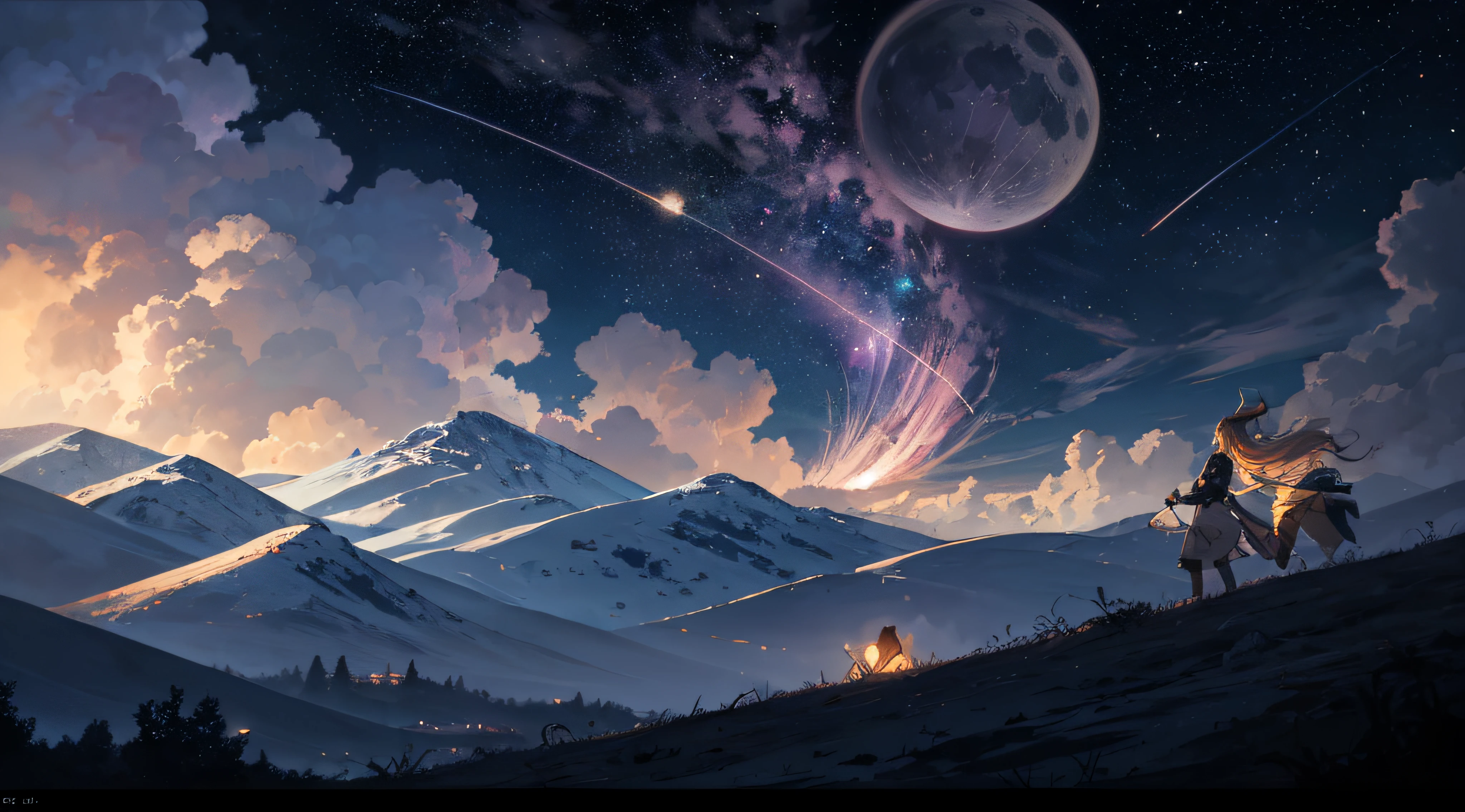 Expansive landscape photograph,(moon full:1.2),(meteors:0.9),(Starcloud:1.3),(Warm light source:1.2),(glowworm:1.2),lamp lights,Lots of purple and orange,Complicated details,Volumetriclighting,Realism BREAK(tmasterpiece:1.2),(best qualtiy),8K,Ultra-detailed,(dynamic compositions:1.4),The is very detailed,Colorful details,(Irridescent color:1.2),(luminouslighting,Atmospheric lighting),dream magical,magical,(独奏:1.2),((best qualtiy)), ((tmasterpiece)), (the detail:1.4),depth of fields,maximum definition and sharpness,perfectly proportions,Fluttering clouds,Wallpapers