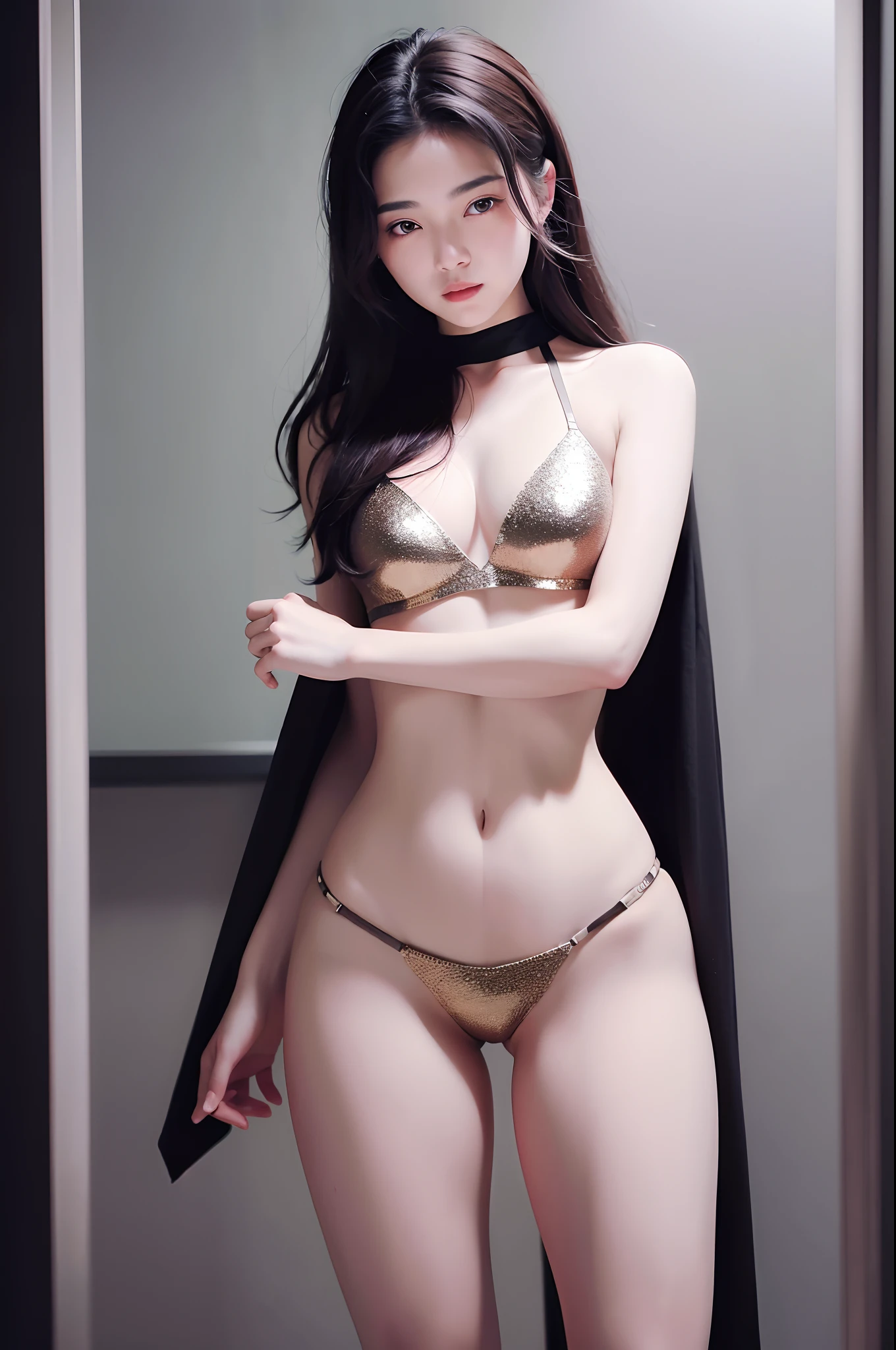 (Solo exhibition), (a detailed full-body RAW photo of a girl), (tmasterpiece:1.0), (best qualtiy:1.4), (超高分辨率:1.2), (realisticlying:1.4), 8K分辨率, a Canon EOS R5, 50 millimeters, absurderes, Hyper-detailing, (20yr old), Sharp focus, cinmatic lighting, Detailed beautiful face, (putting makeup on:1.2), (ulzang-6500-v1.1), Petite figure, detailed skin textures, paleskin,Smaller chest, (Slimming and bodybuilding:1.3), There are gaps in the thighs, Delicate brown hair,sweltering heat,(Very messy hair:1.5),ssmile,(Sports bra,Sports low-rise leggings:1.4),realistic glittering skin,(perspired:1.45),Slim waist,Tempting,ssmile,